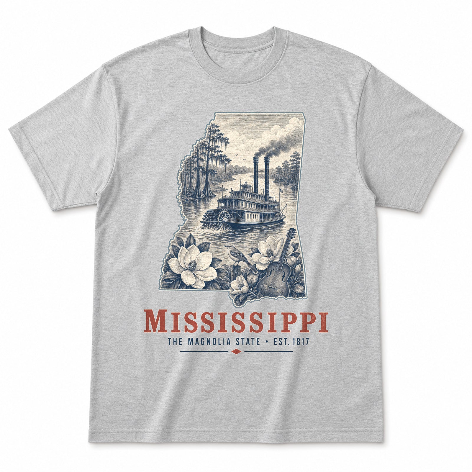 Vintage Mississippi State Graphic T-Shirt in Heather Gray, front view on a white background