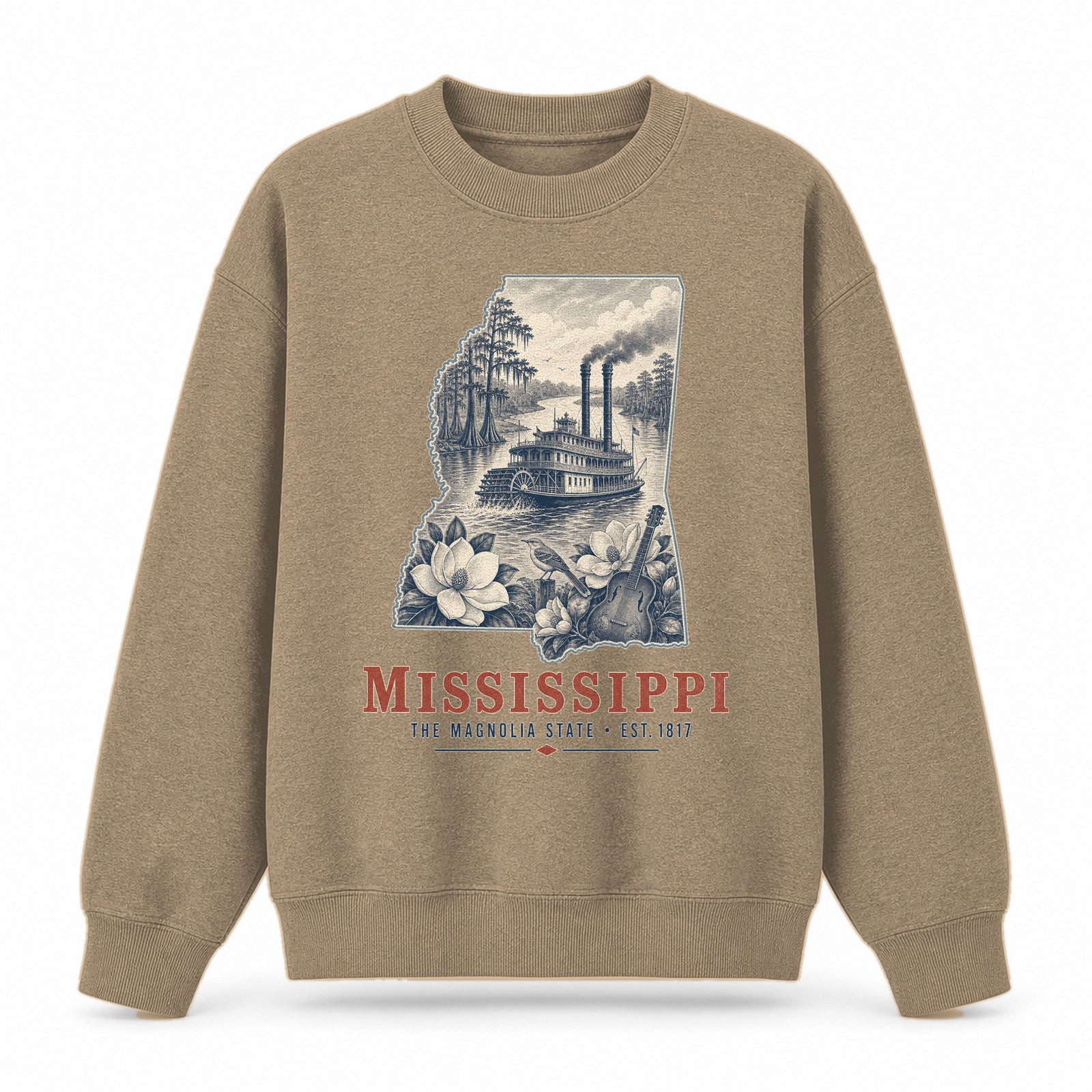 Vintage Mississippi State Graphic Crewneck Sweatshirt in Khaki, front view on a white background