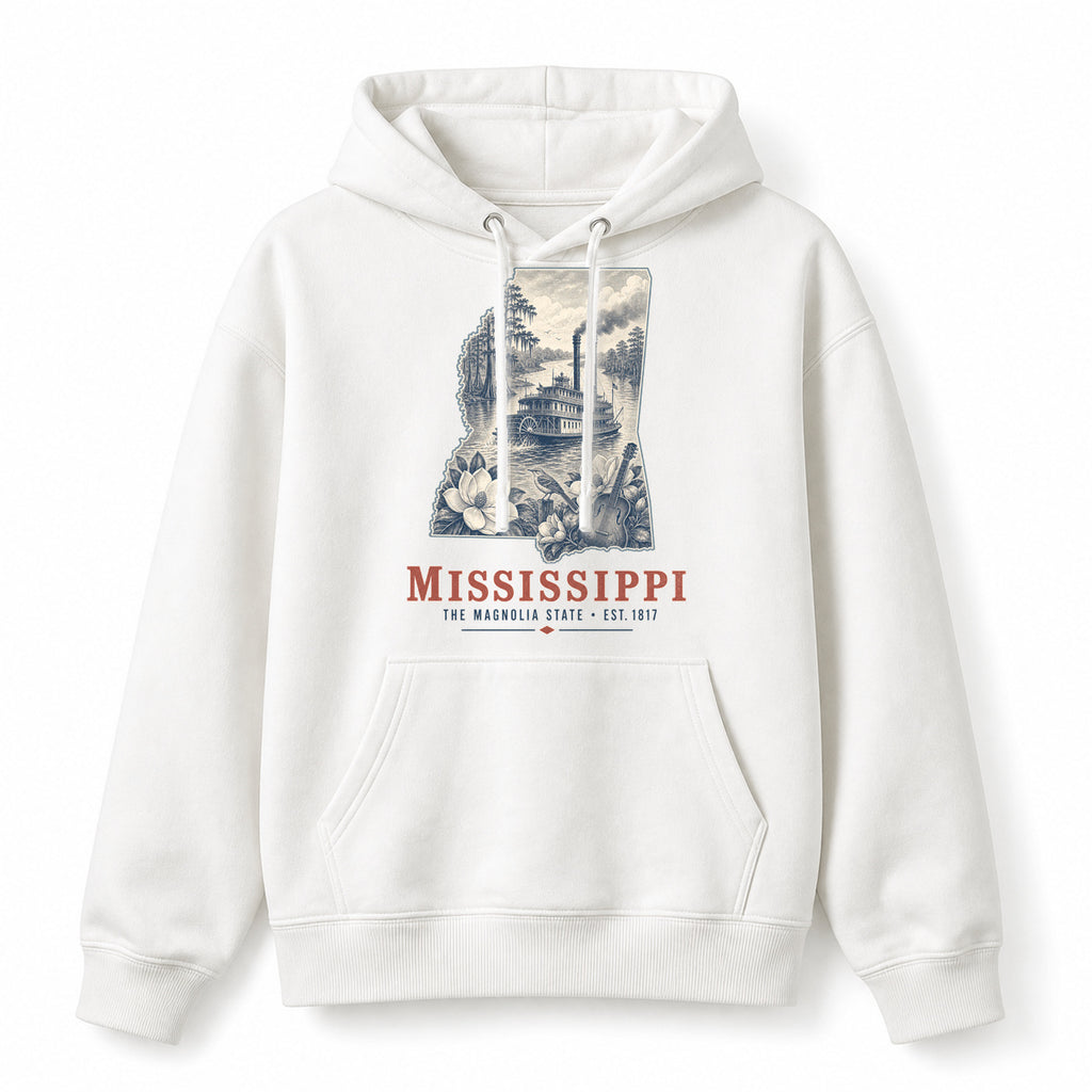 Vintage Mississippi State Graphic Pullover Hoodie in White, front view on a white background