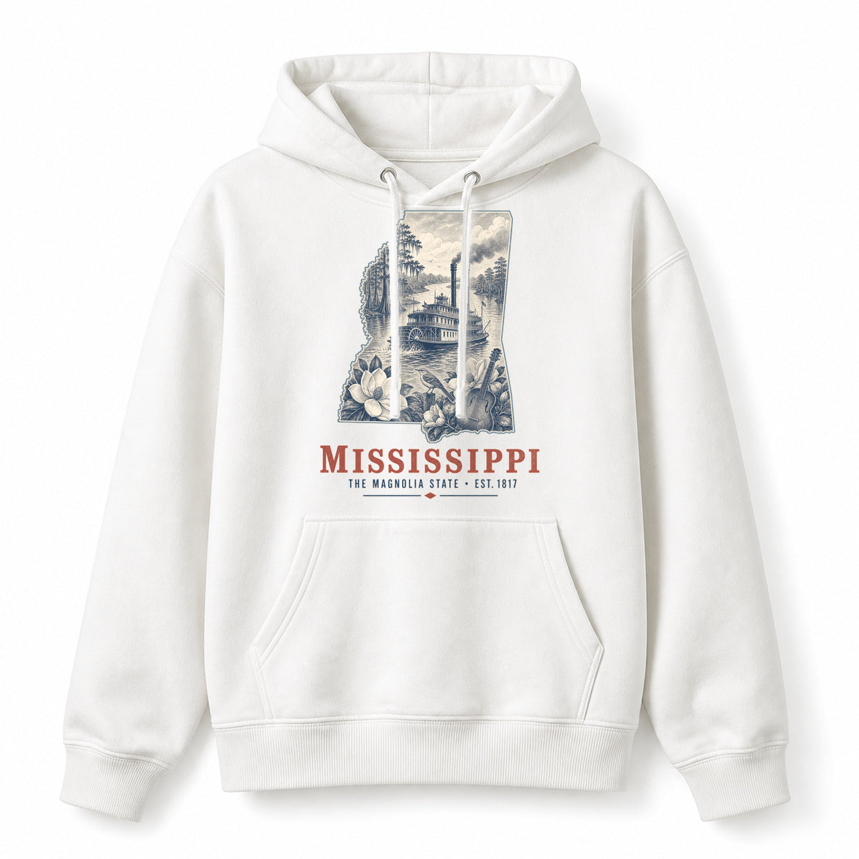 Vintage Mississippi State Graphic Pullover Hoodie in White, front view on a white background