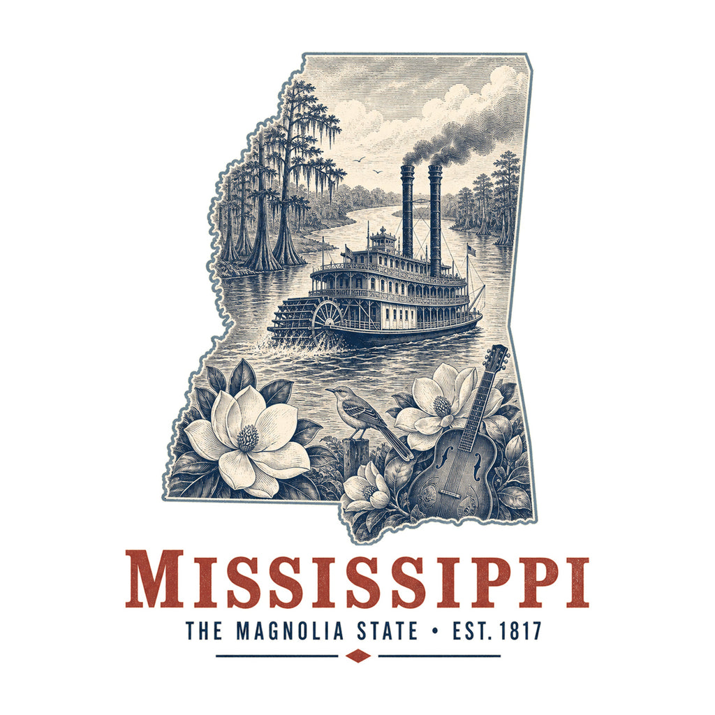 Mississippi vintage state artwork on a white background