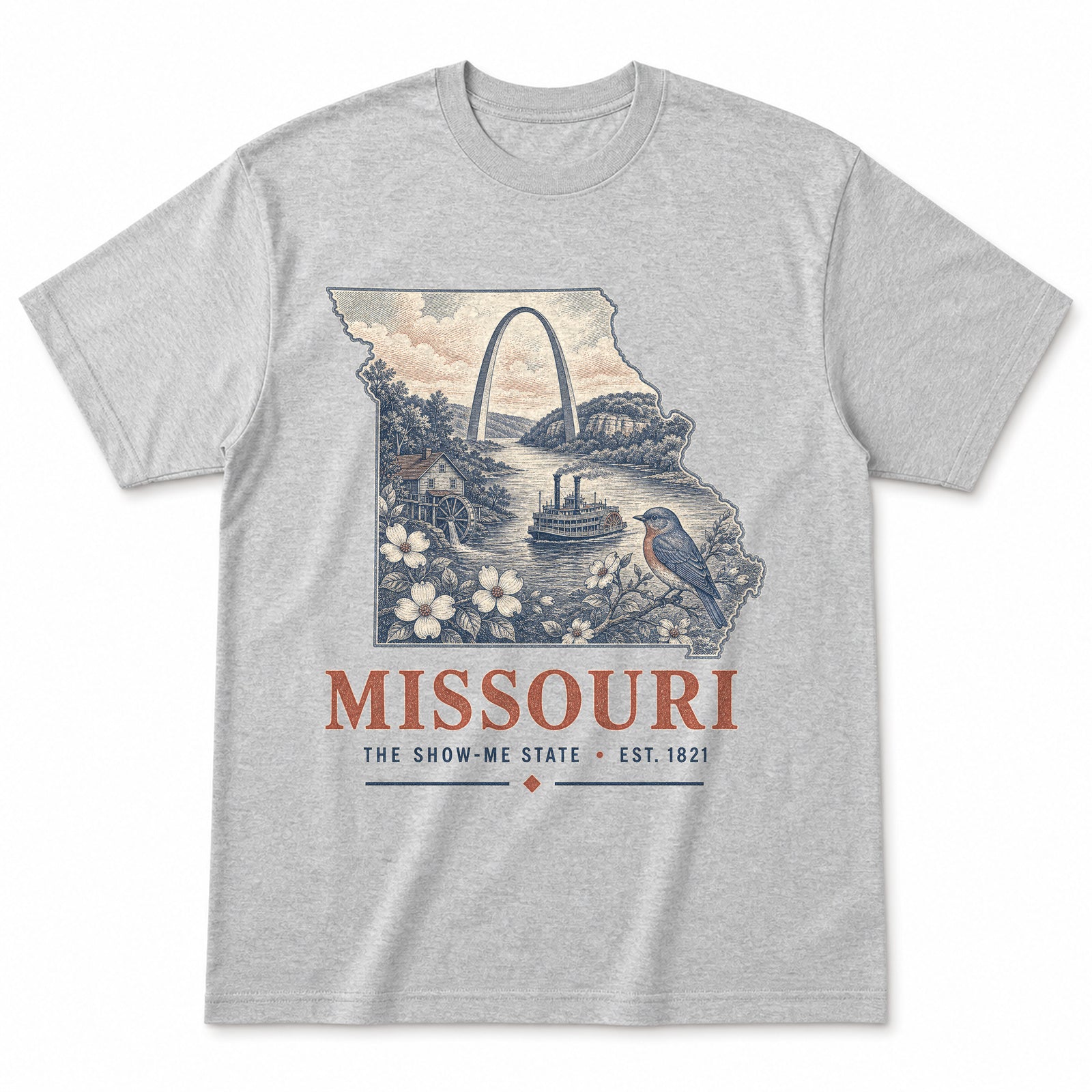 Vintage Missouri State Graphic T-Shirt in Heather Gray, front view on a white background