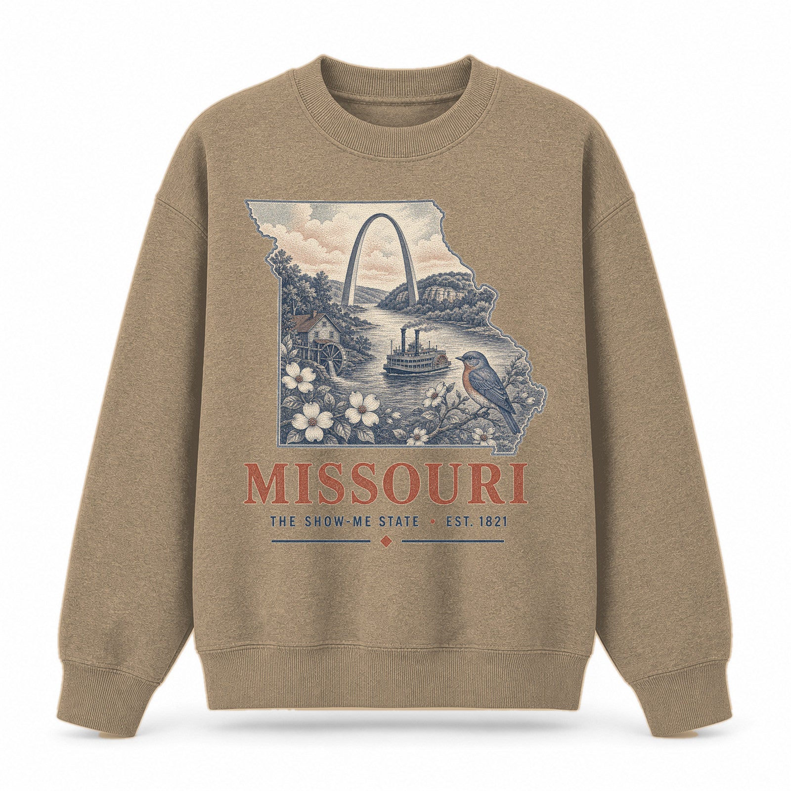Vintage Missouri State Graphic Crewneck Sweatshirt in Khaki, front view on a white background