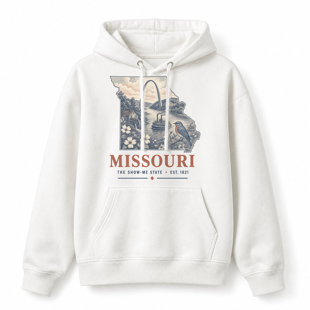 Vintage Missouri State Graphic Pullover Hoodie in White, front view on a white background