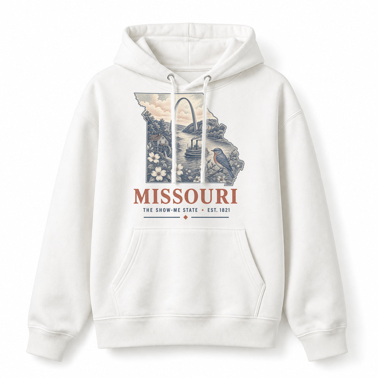 Vintage Missouri State Graphic Pullover Hoodie in White, front view on a white background