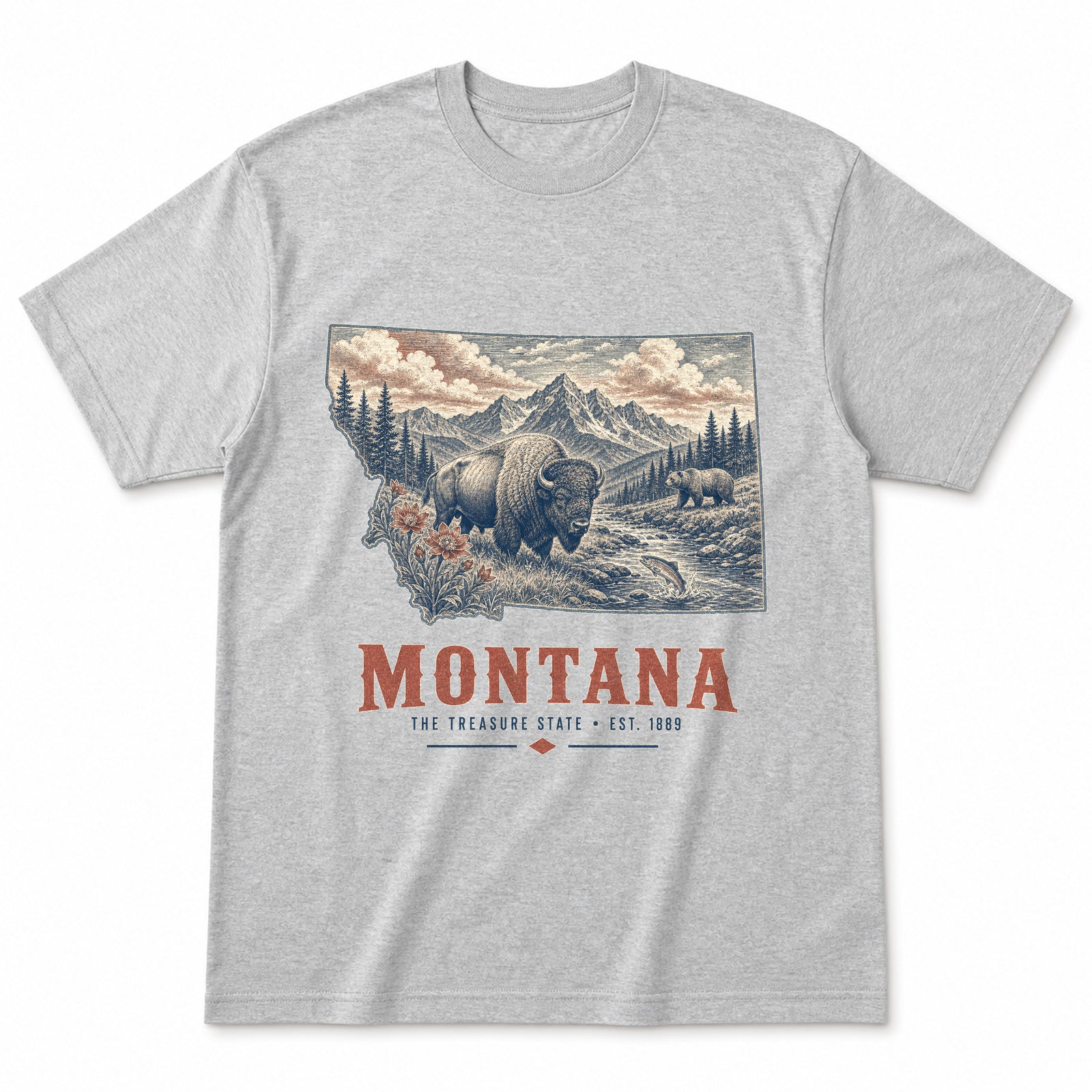 Vintage Montana State Graphic T-Shirt in Heather Gray, front view on a white background