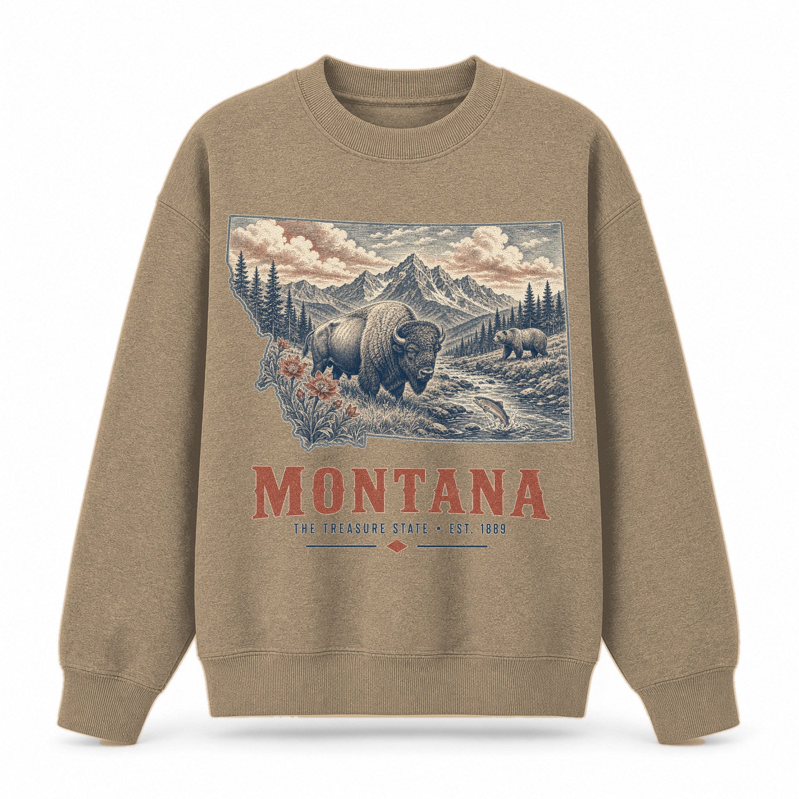 Vintage Montana State Graphic Crewneck Sweatshirt in Khaki, front view on a white background