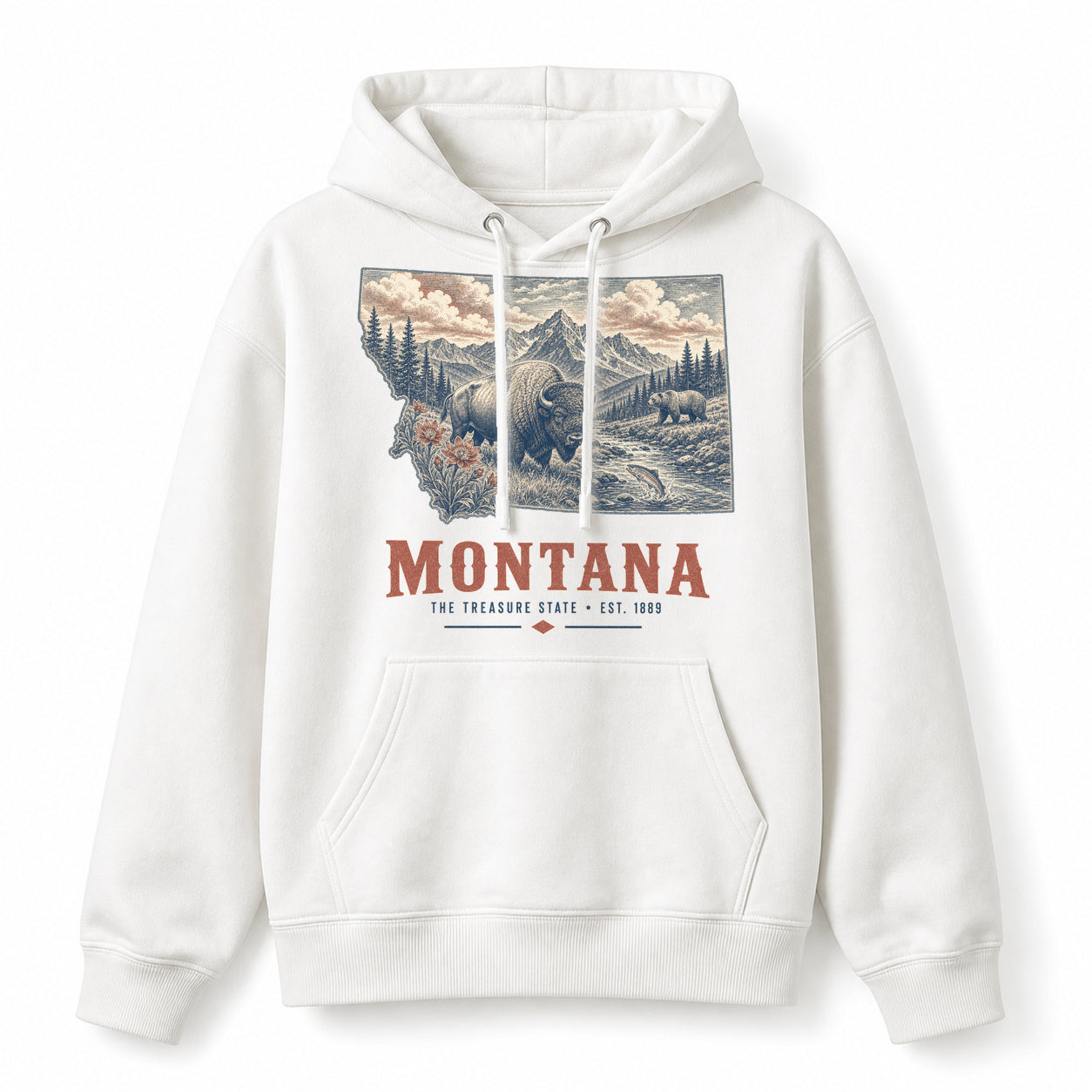 Vintage Montana State Graphic Pullover Hoodie in White, front view on a white background
