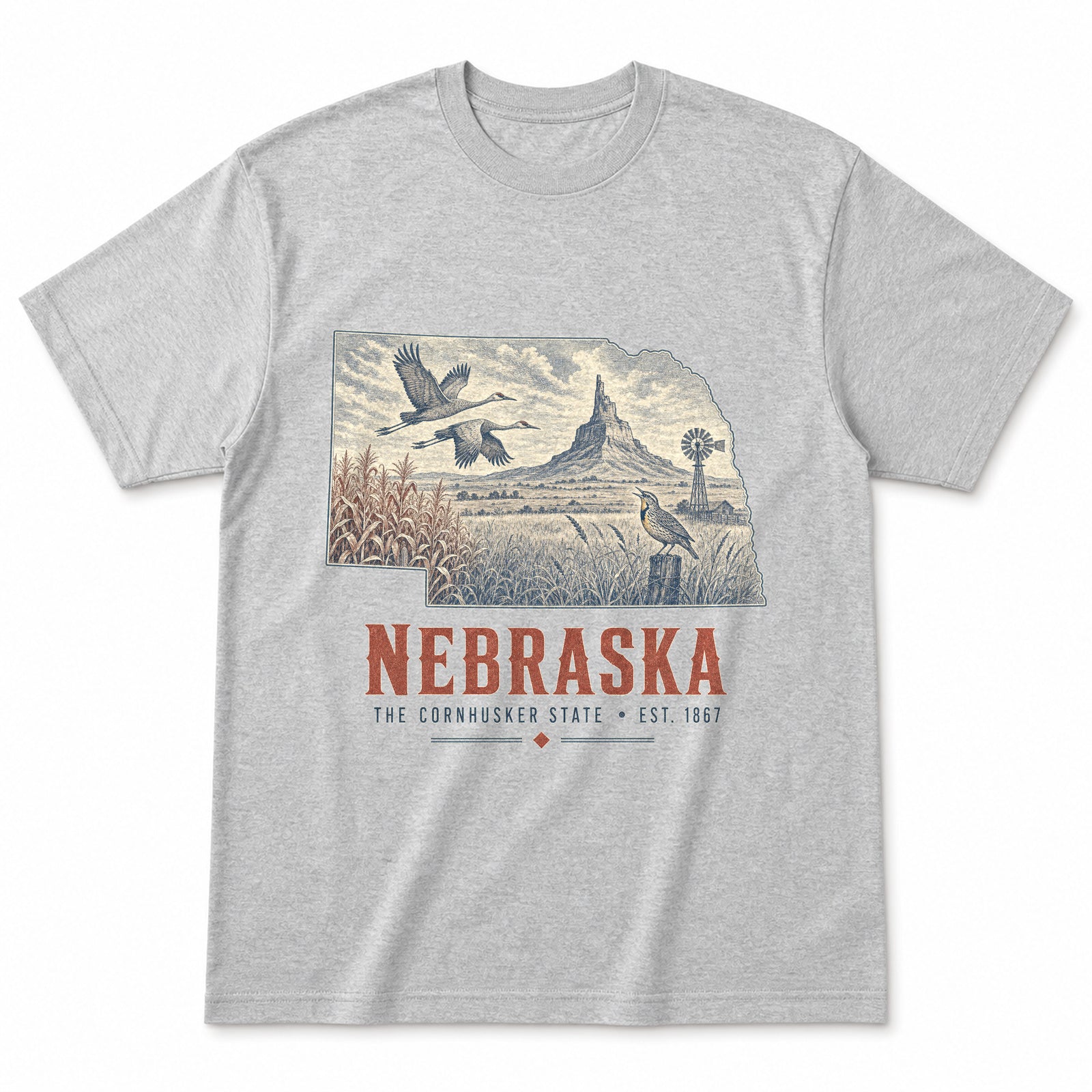 Vintage Nebraska State Graphic T-Shirt in Heather Gray, front view on a white background