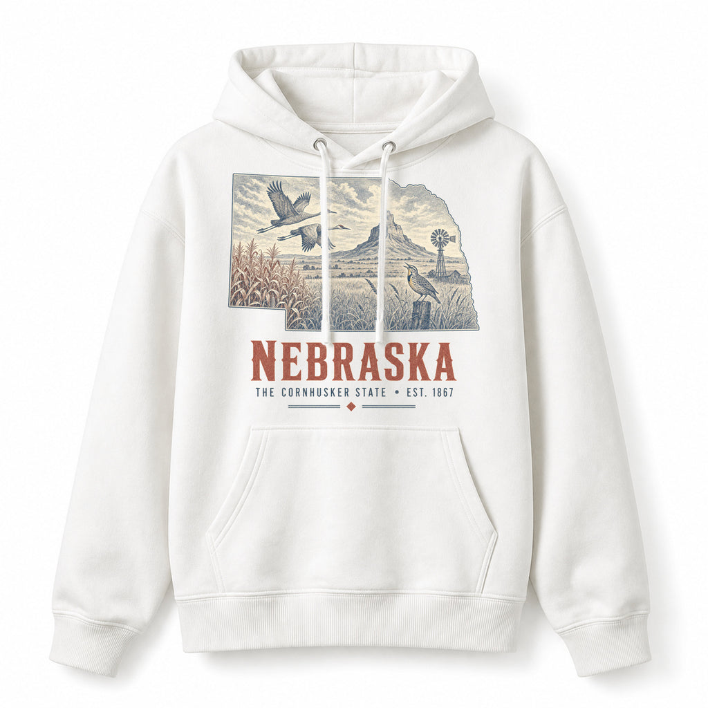Vintage Nebraska State Graphic Pullover Hoodie in White, front view on a white background