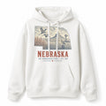 Vintage Nebraska State Graphic Pullover Hoodie in White, front view on a white background