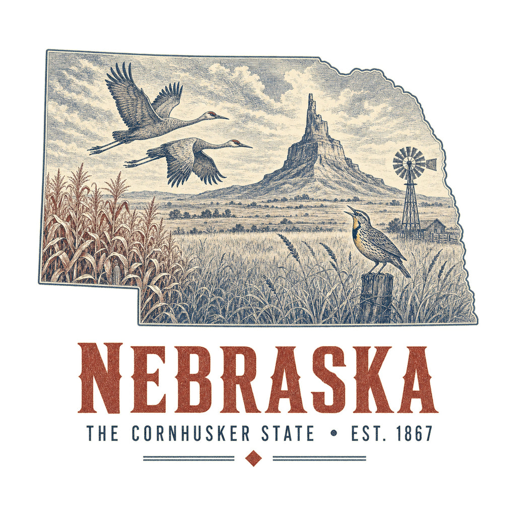 Nebraska vintage state artwork on a white background