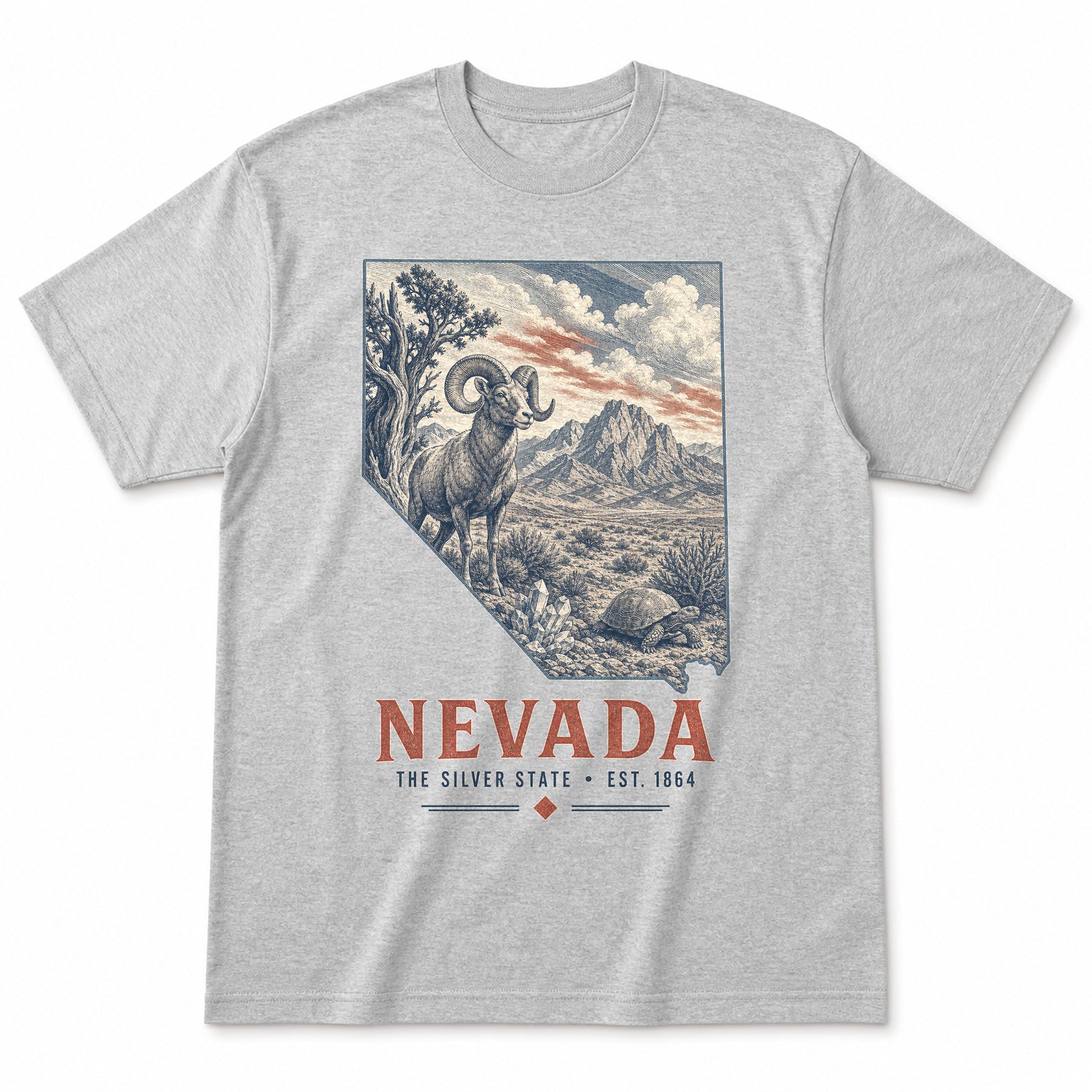 Vintage Nevada State Graphic T-Shirt in Heather Gray, front view on a white background