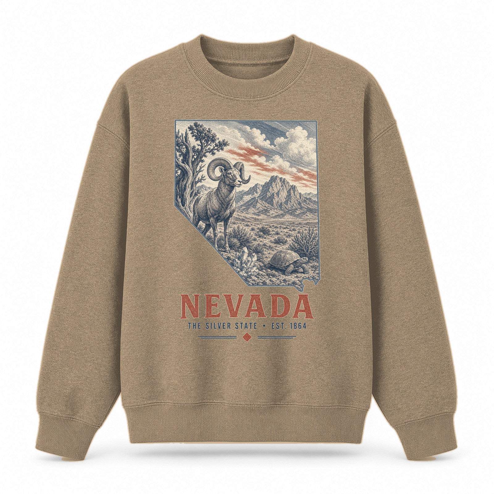 Vintage Nevada State Graphic Crewneck Sweatshirt in Khaki, front view on a white background
