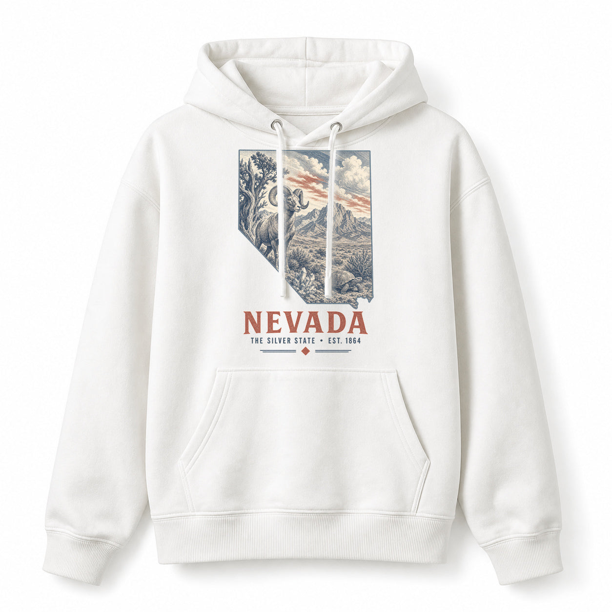 Vintage Nevada State Graphic Pullover Hoodie in White, front view on a white background