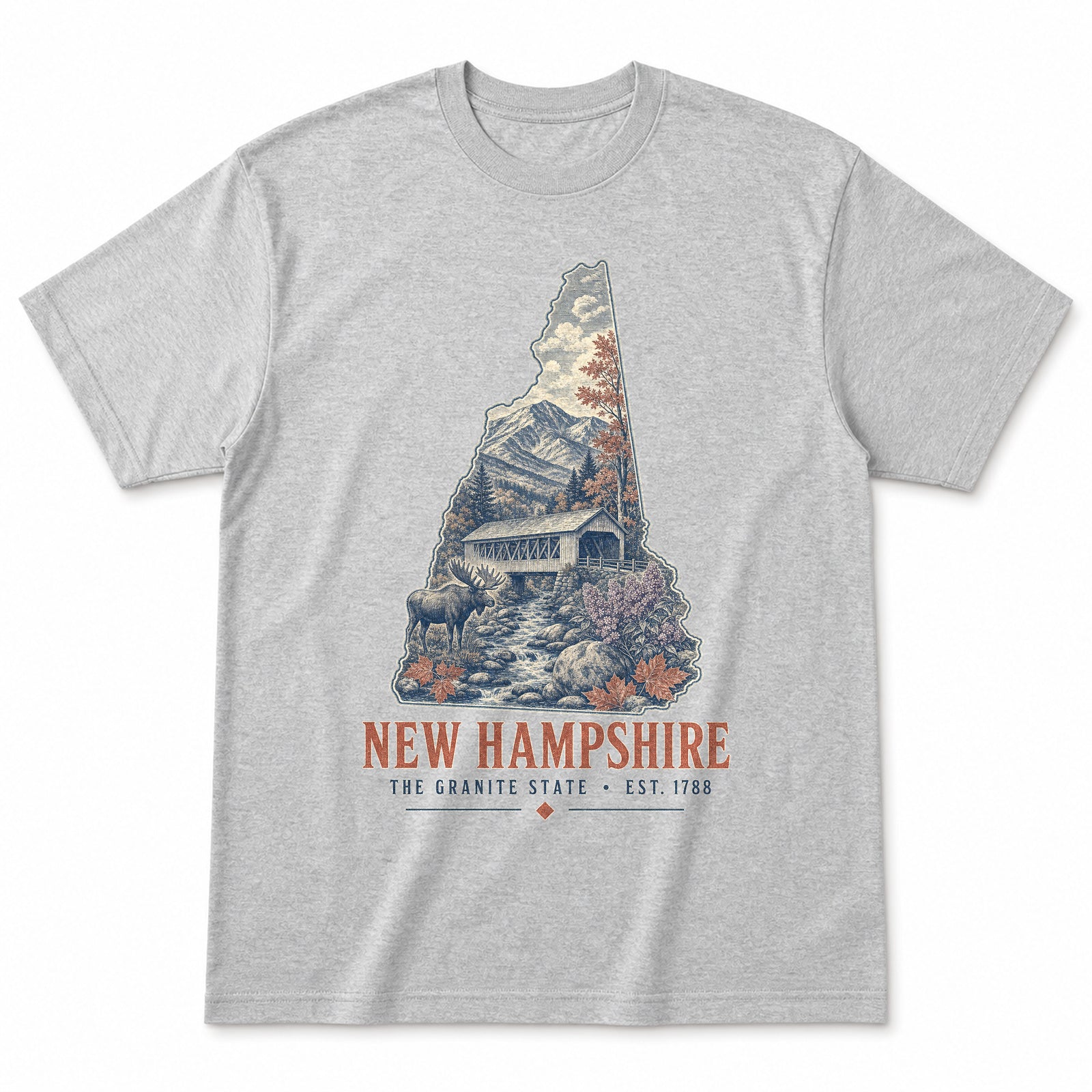 Vintage New Hampshire State Graphic T-Shirt in Heather Gray, front view on a white background