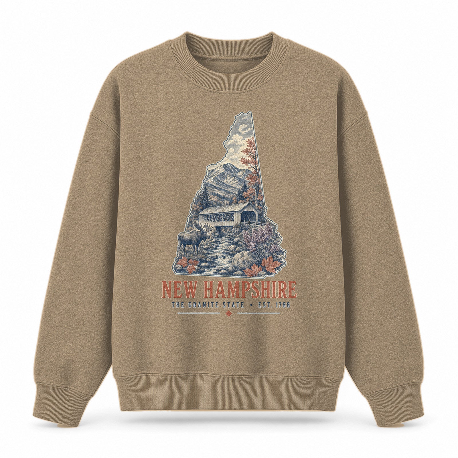 Vintage New Hampshire State Graphic Crewneck Sweatshirt in Khaki, front view on a white background