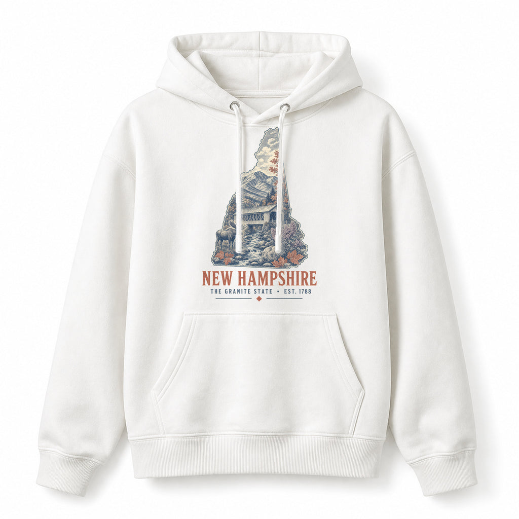 Vintage New Hampshire State Graphic Pullover Hoodie in White, front view on a white background
