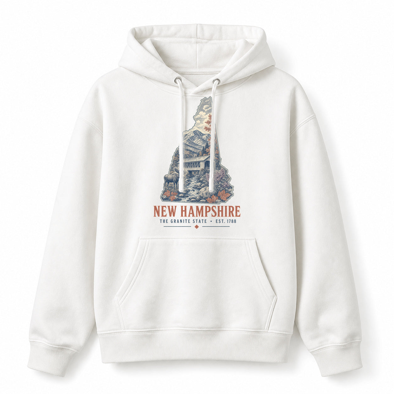 Vintage New Hampshire State Graphic Pullover Hoodie in White, front view on a white background