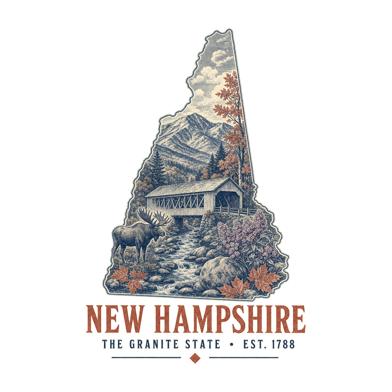 New Hampshire vintage state artwork on a white background