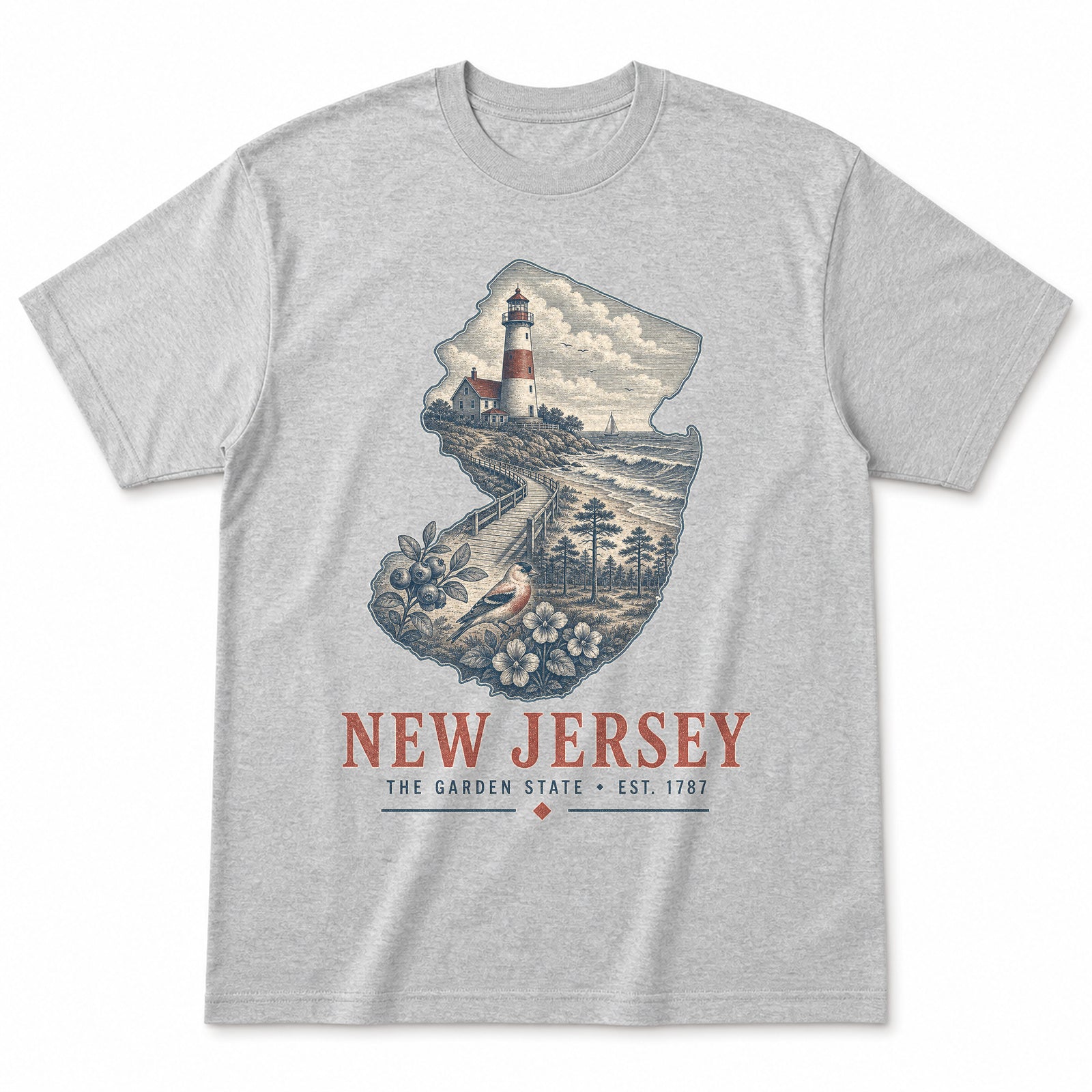 Vintage New Jersey State Graphic T-Shirt in Heather Gray, front view on a white background