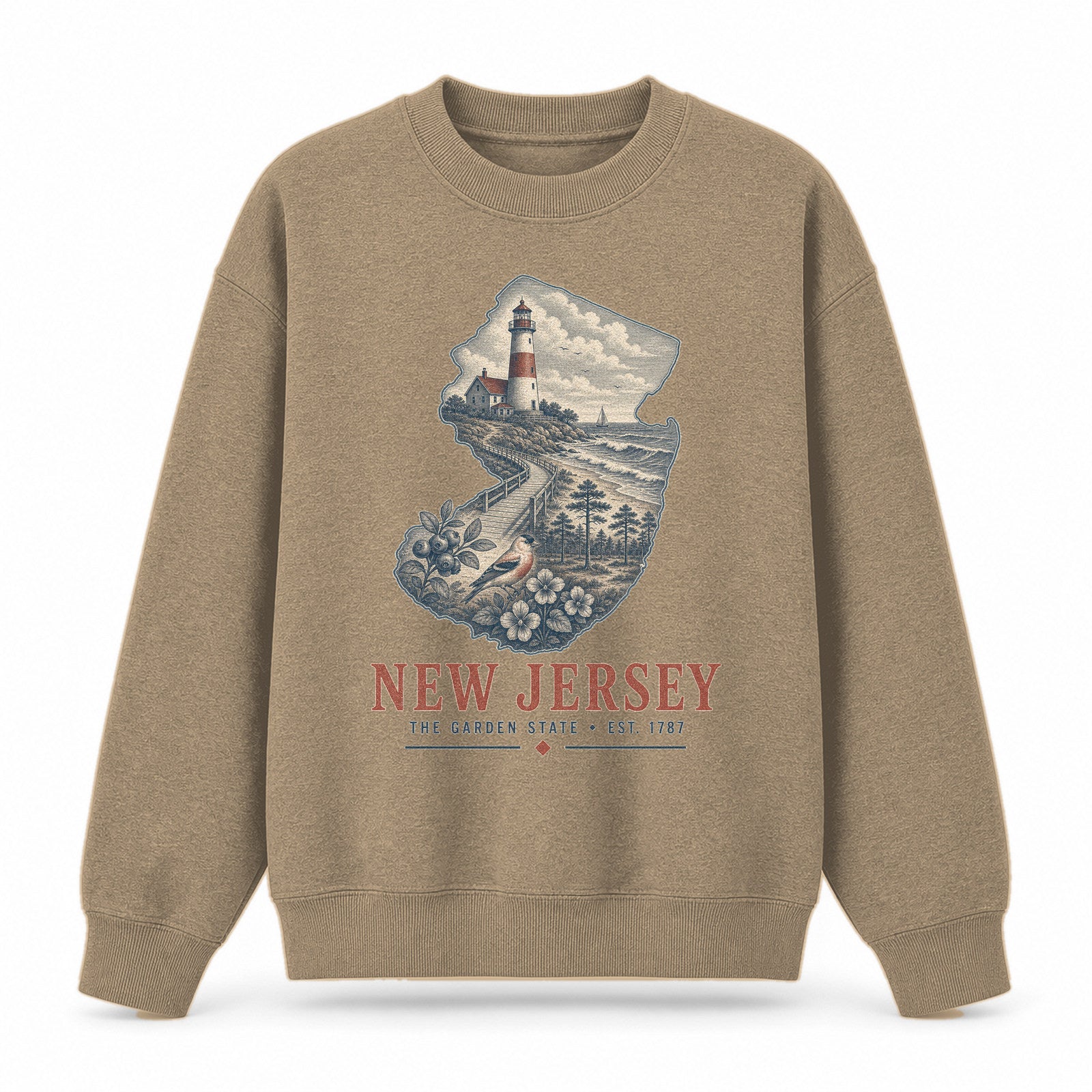 Vintage New Jersey State Graphic Crewneck Sweatshirt in Khaki, front view on a white background