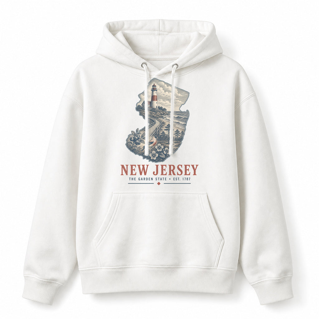 Vintage New Jersey State Graphic Pullover Hoodie in White, front view on a white background