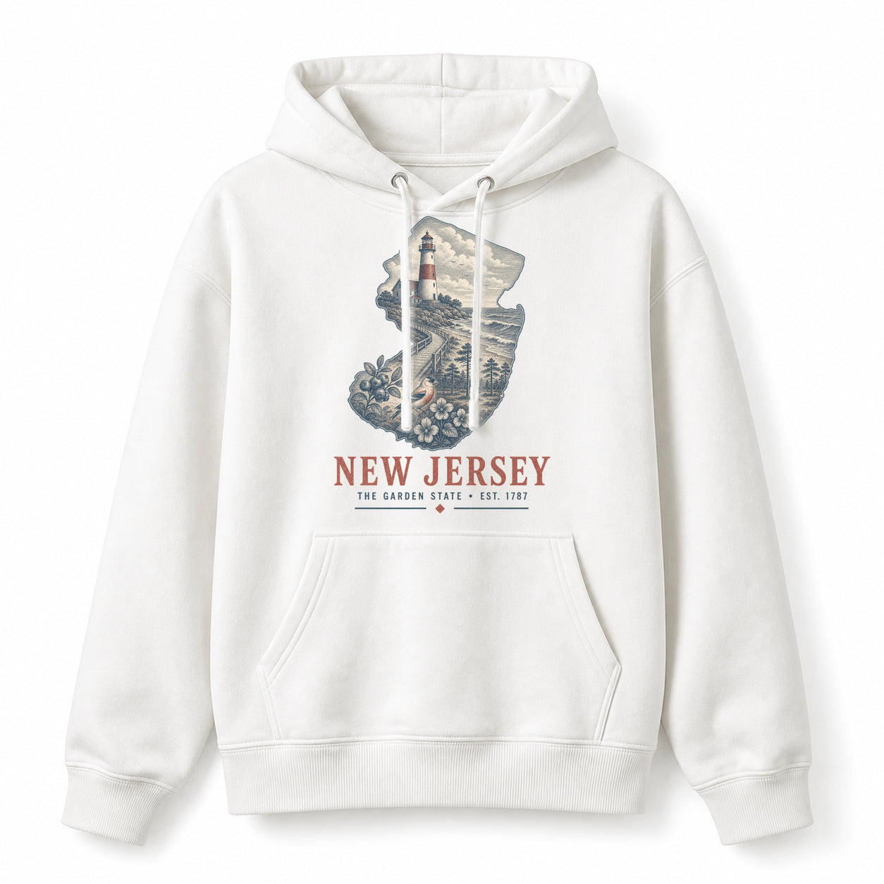 Vintage New Jersey State Graphic Pullover Hoodie in White, front view on a white background
