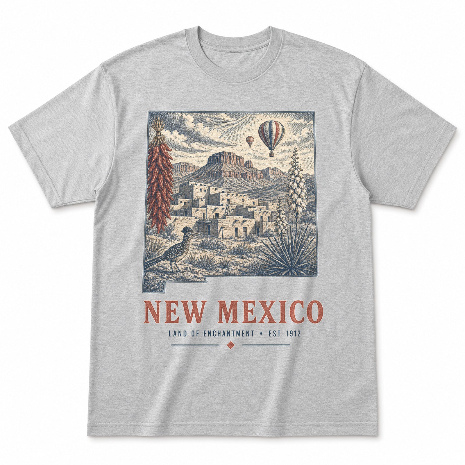 Vintage New Mexico State Graphic T-Shirt in Heather Gray, front view on a white background