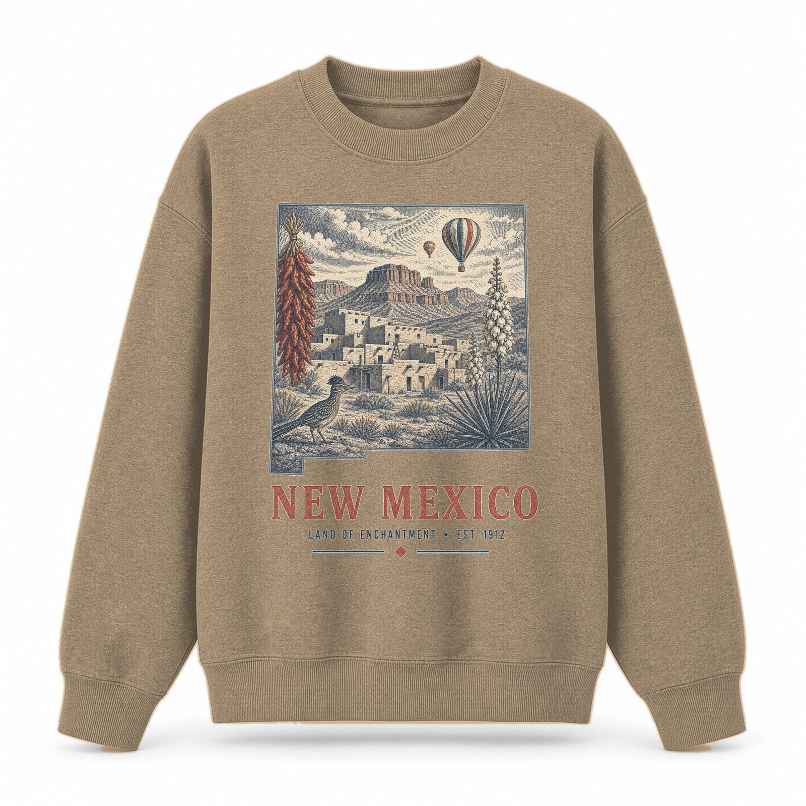 Vintage New Mexico State Graphic Crewneck Sweatshirt in Khaki, front view on a white background
