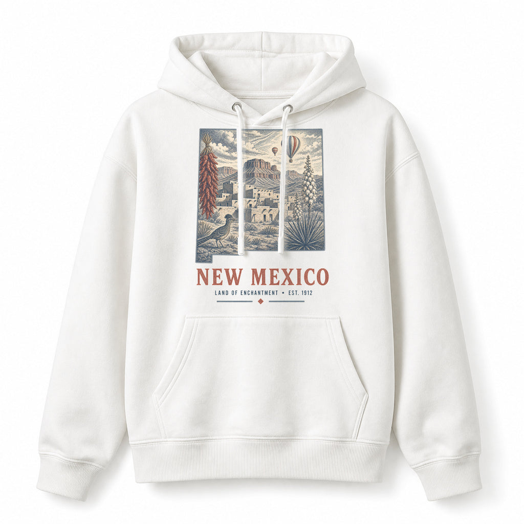 Vintage New Mexico State Graphic Pullover Hoodie in White, front view on a white background