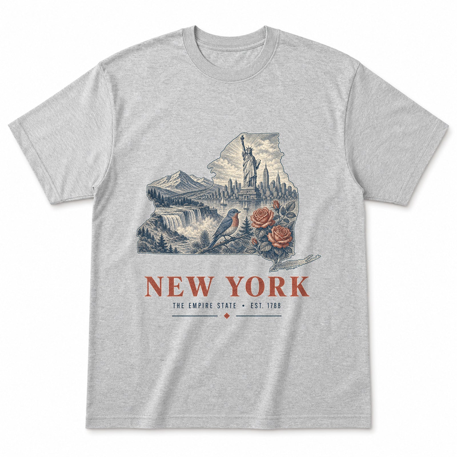 Vintage New York State Graphic T-Shirt in Heather Gray, front view on a white background