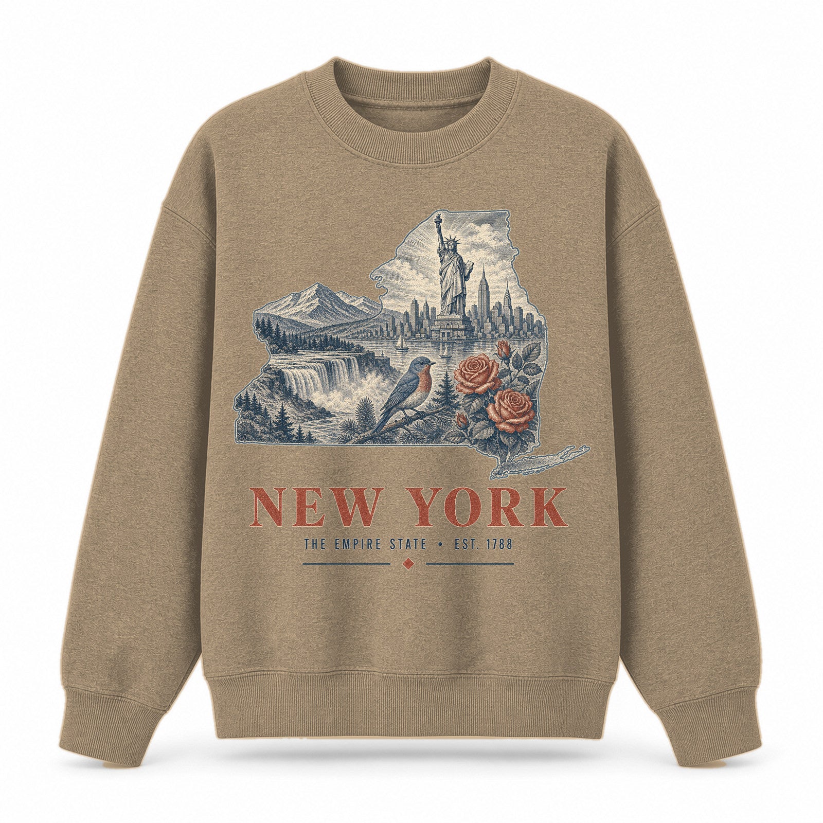 Vintage New York State Graphic Crewneck Sweatshirt in Khaki, front view on a white background