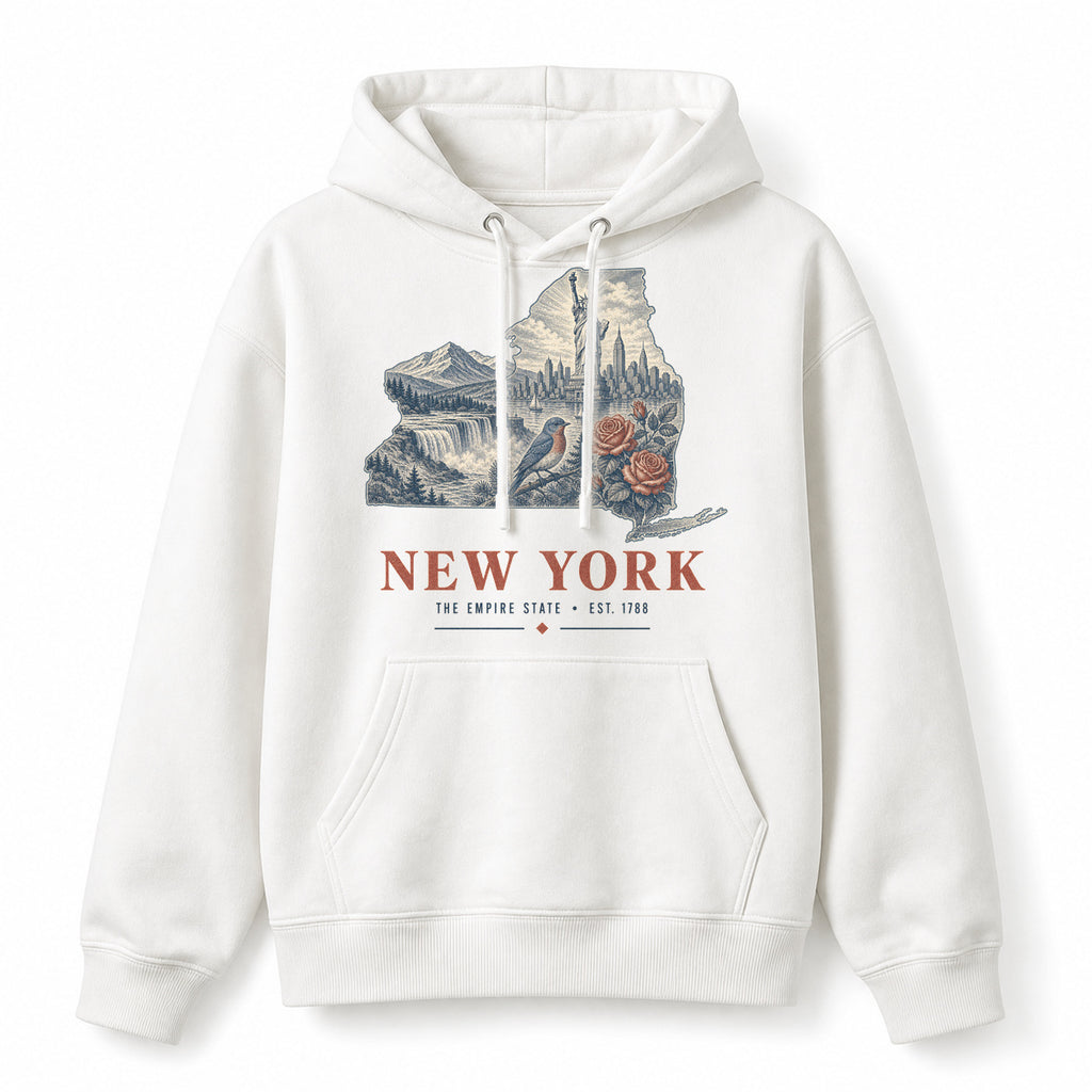 Vintage New York State Graphic Pullover Hoodie in White, front view on a white background