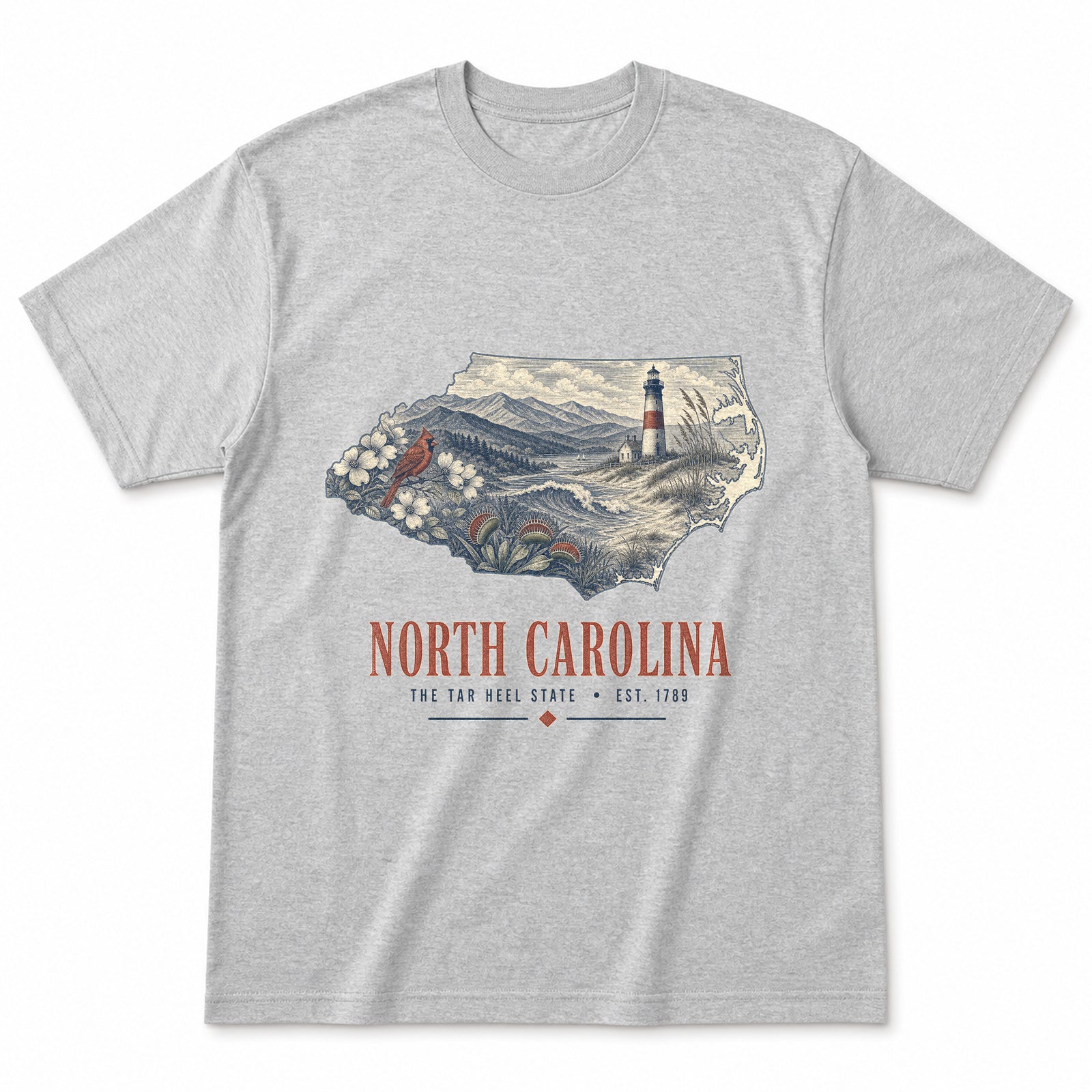 Vintage North Carolina State Graphic T-Shirt in Heather Gray, front view on a white background