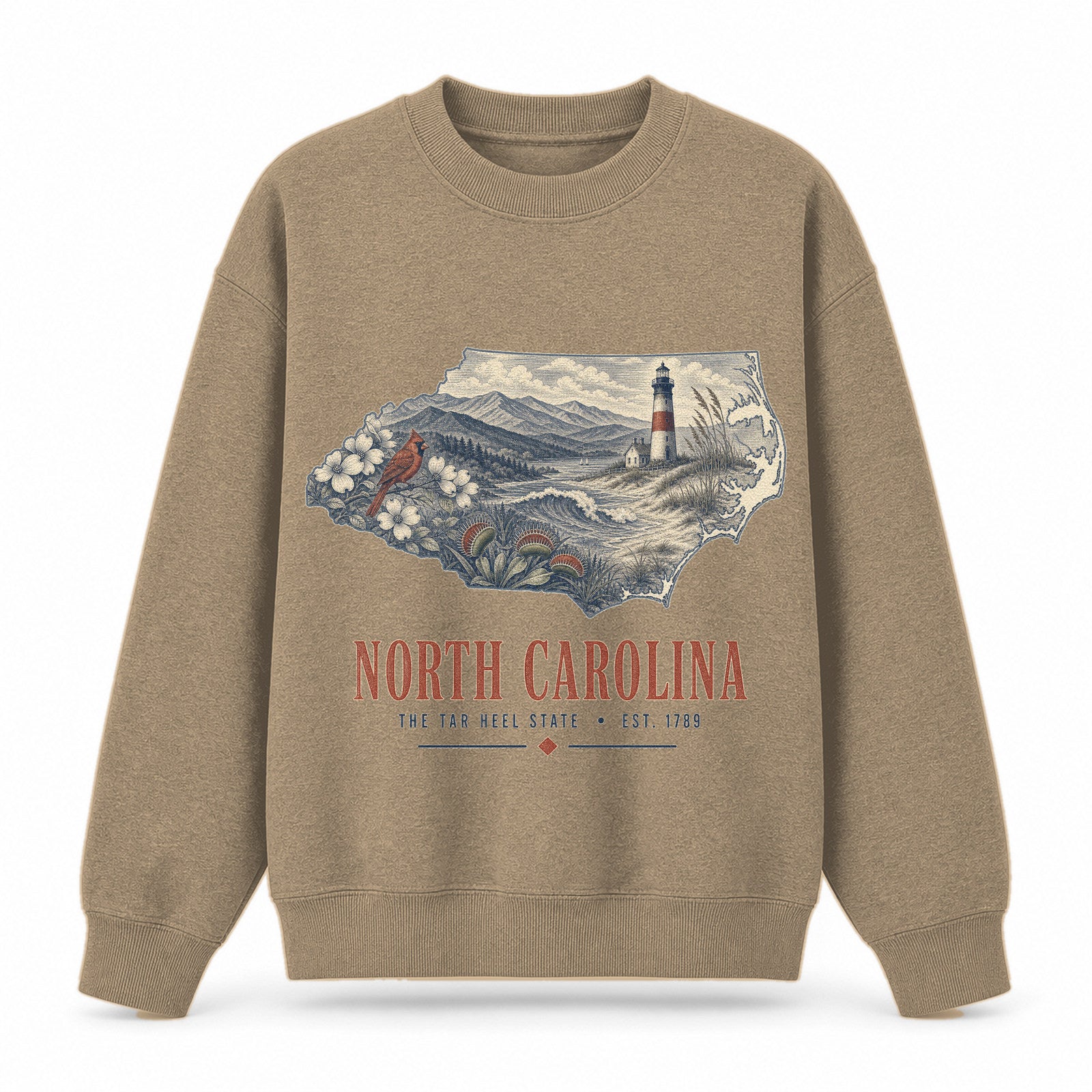 Vintage North Carolina State Graphic Crewneck Sweatshirt in Khaki, front view on a white background