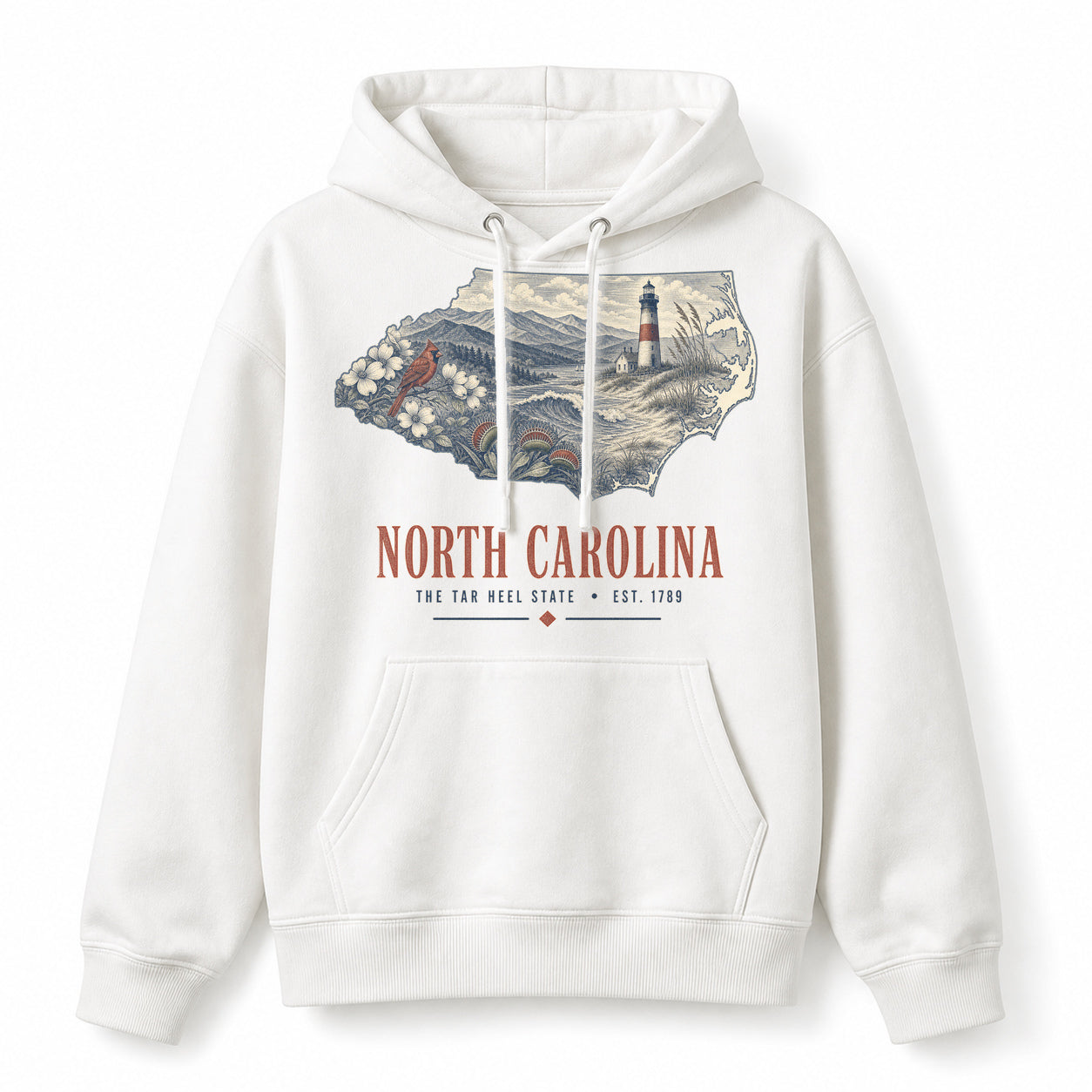 Vintage North Carolina State Graphic Pullover Hoodie in White, front view on a white background