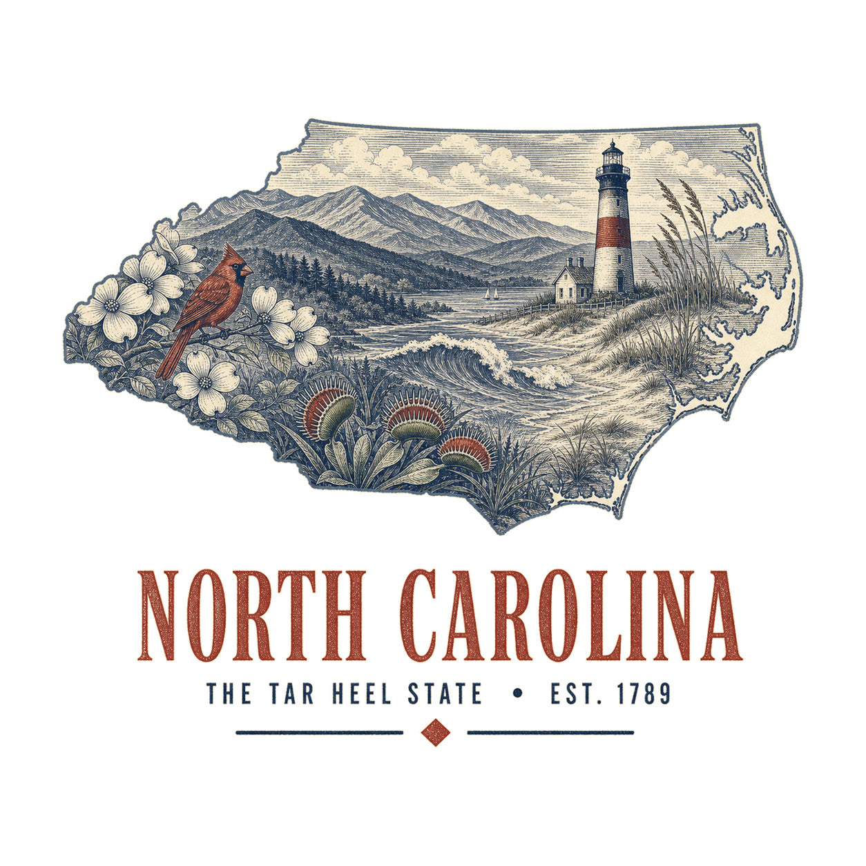 North Carolina vintage state artwork on a white background