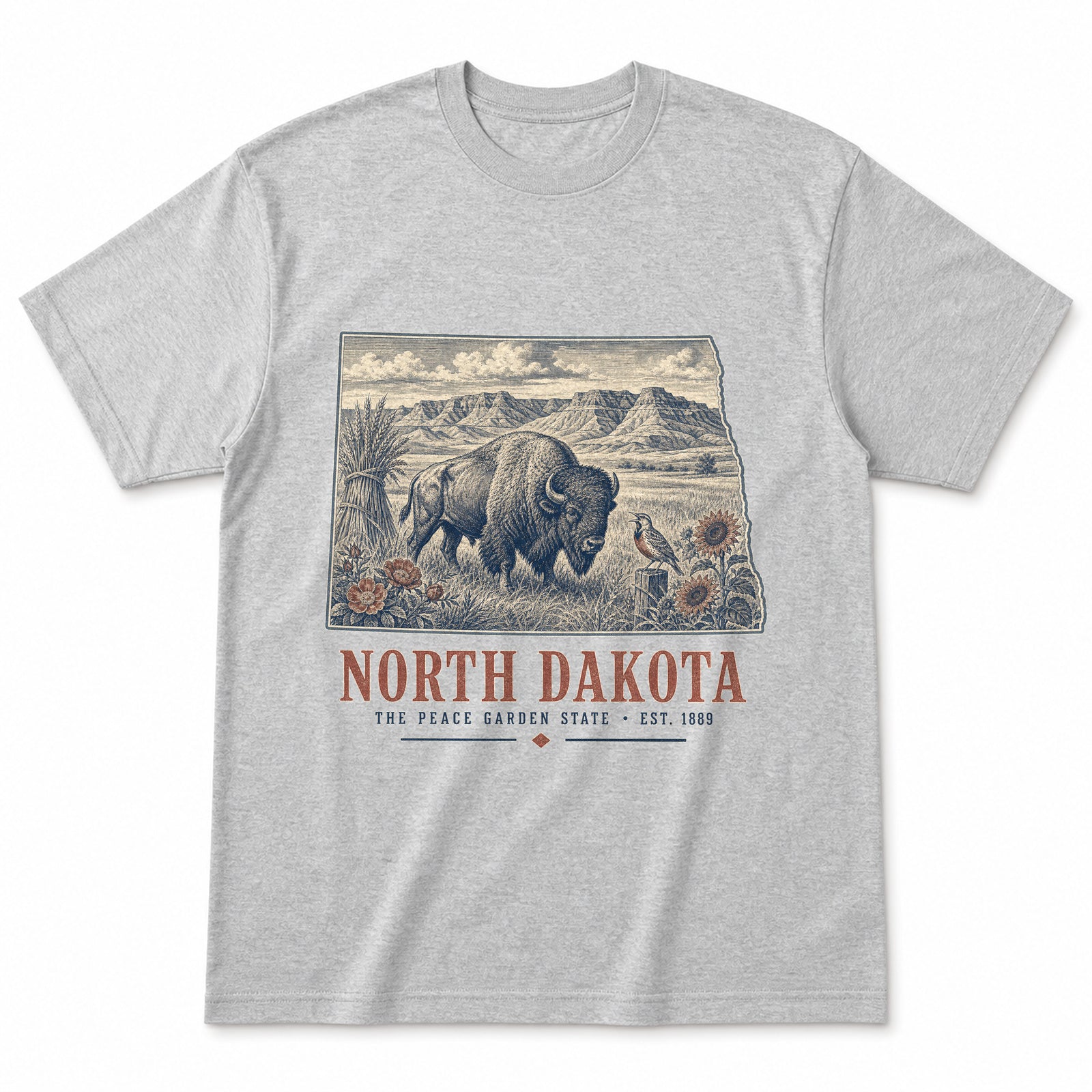 Vintage North Dakota State Graphic T-Shirt in Heather Gray, front view on a white background