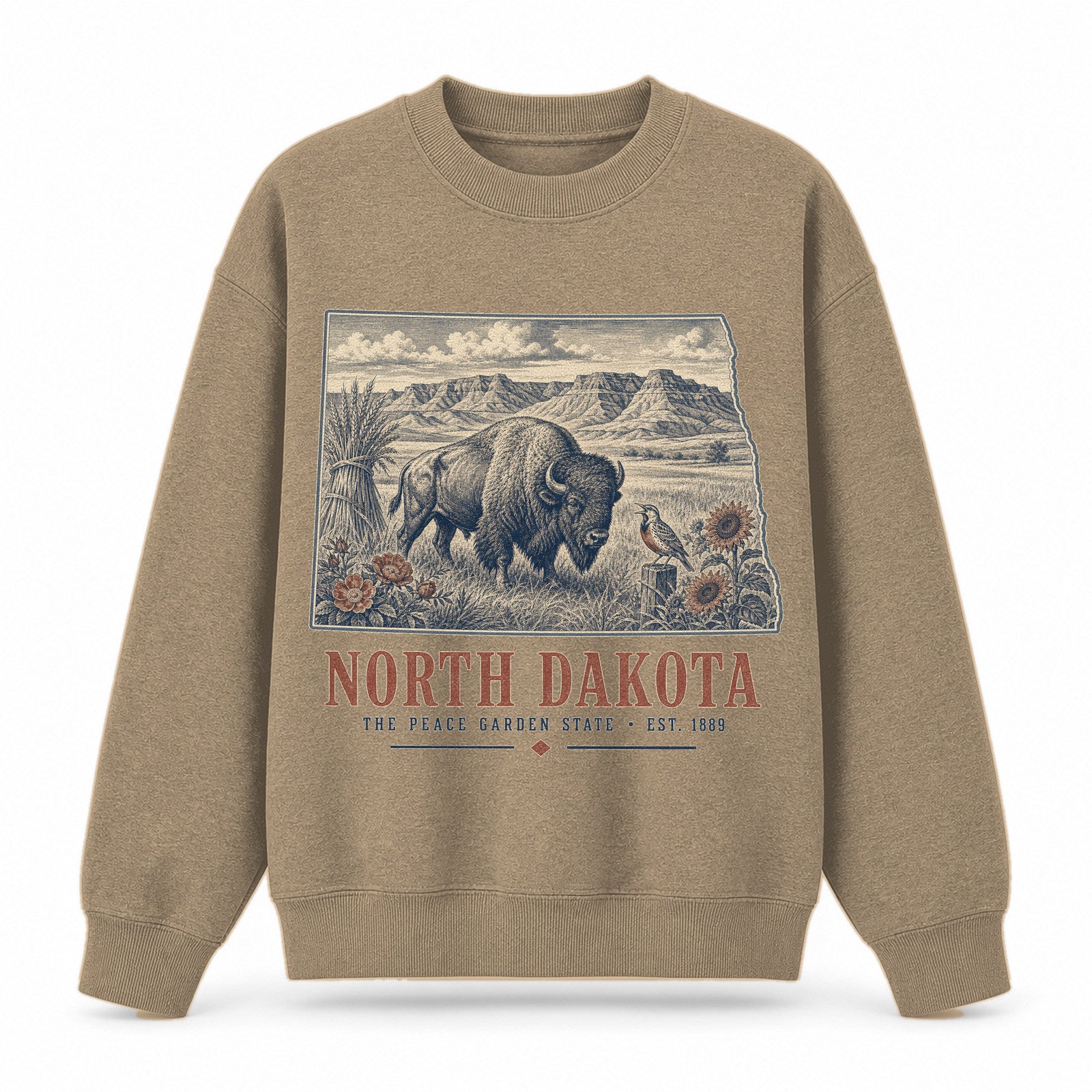 Vintage North Dakota State Graphic Crewneck Sweatshirt in Khaki, front view on a white background