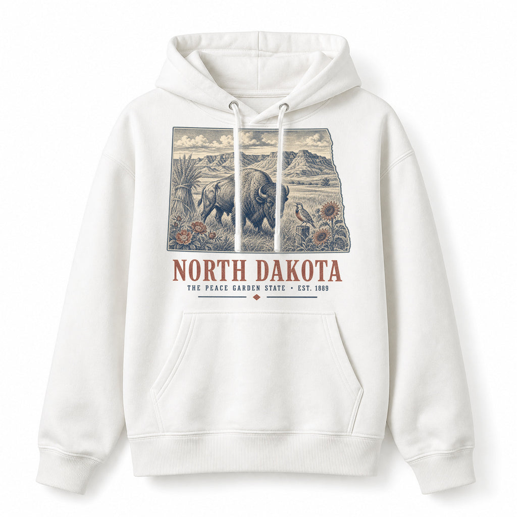 Vintage North Dakota State Graphic Pullover Hoodie in White, front view on a white background