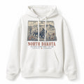 Vintage North Dakota State Graphic Pullover Hoodie in White, front view on a white background