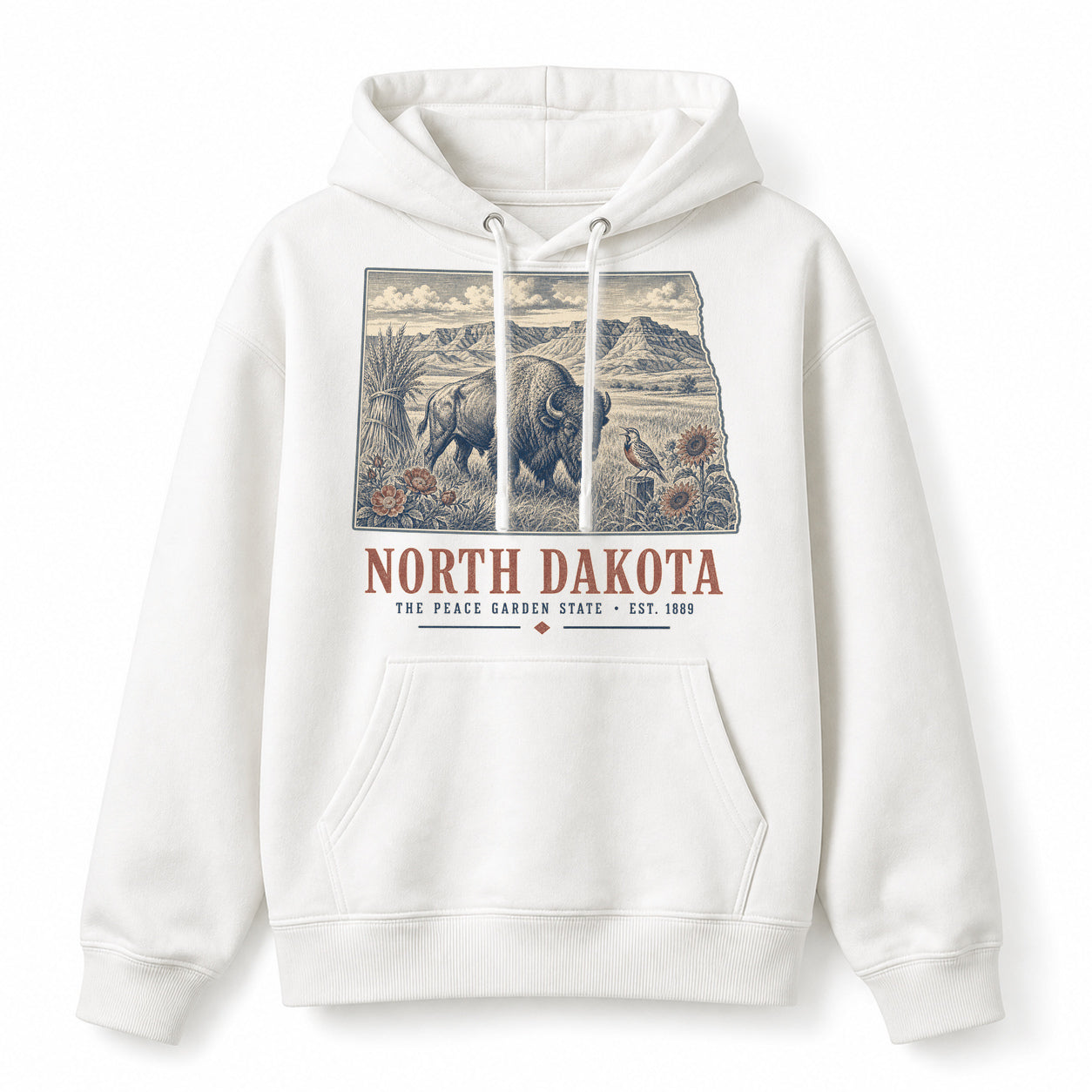Vintage North Dakota State Graphic Pullover Hoodie in White, front view on a white background