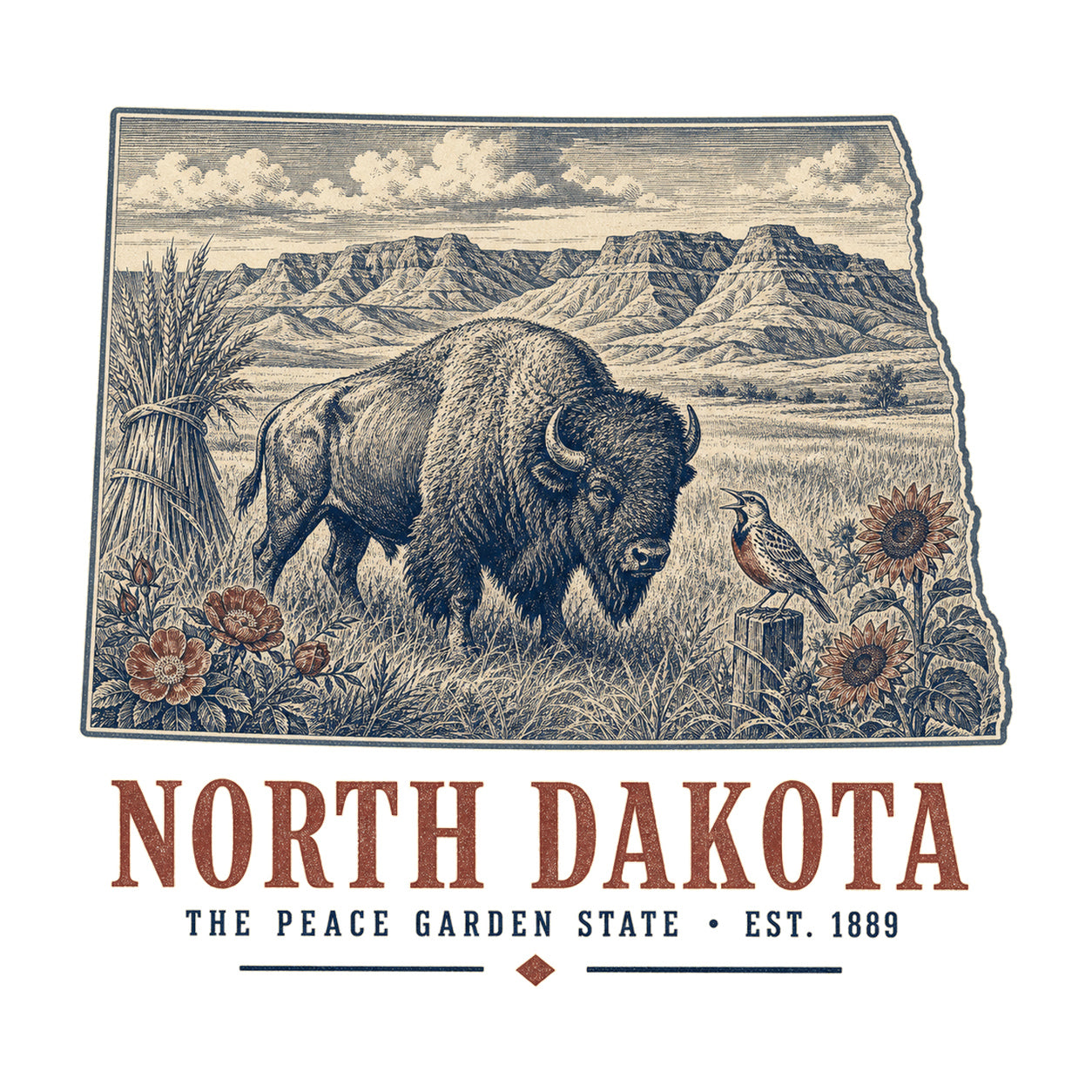 North Dakota vintage state artwork on a white background