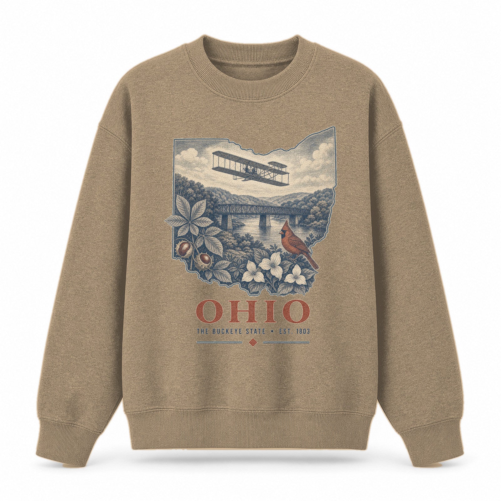 Vintage Ohio State Graphic Crewneck Sweatshirt in Khaki, front view on a white background