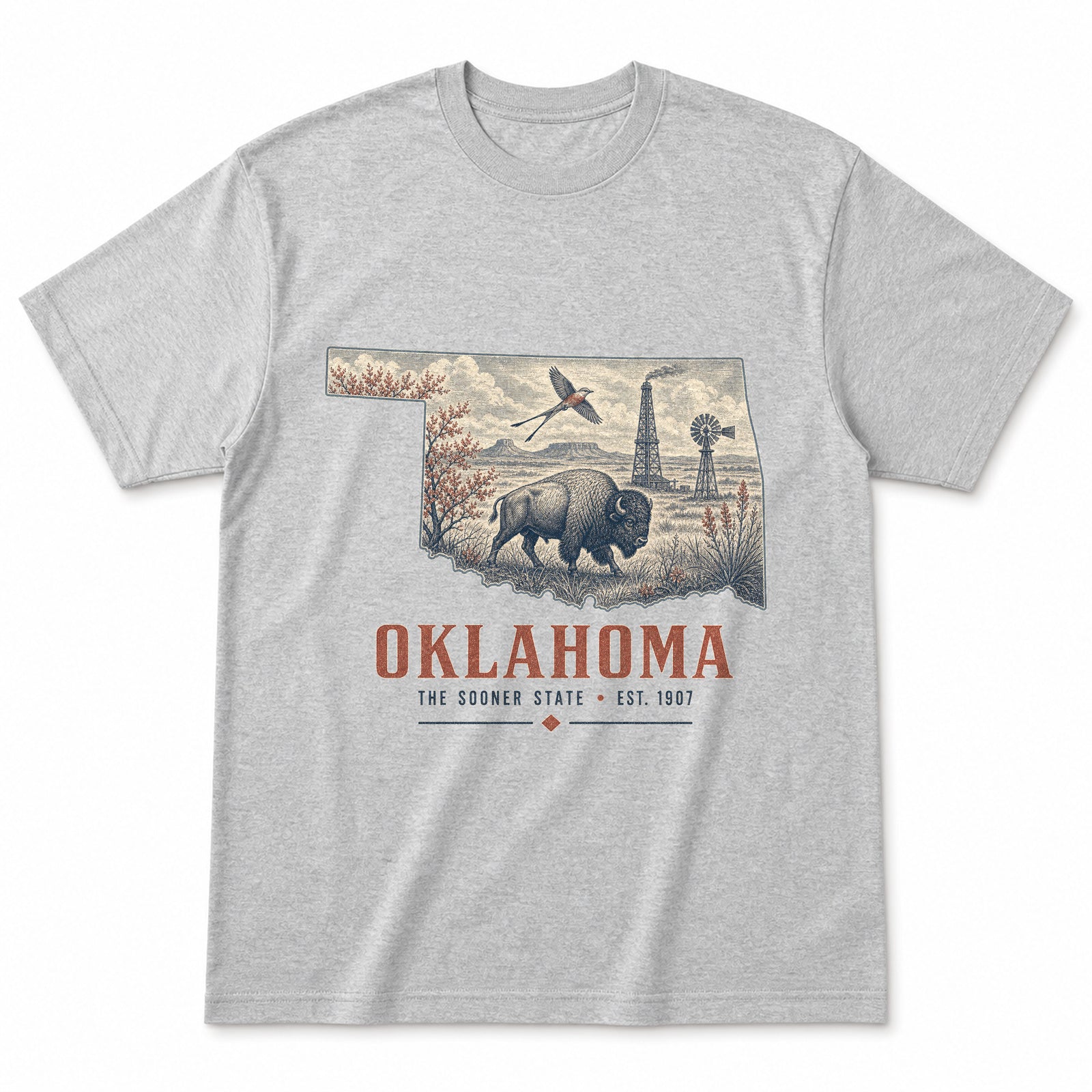 Vintage Oklahoma State Graphic T-Shirt in Heather Gray, front view on a white background