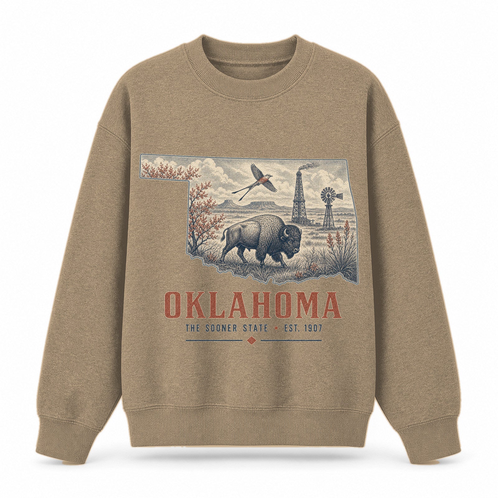 Vintage Oklahoma State Graphic Crewneck Sweatshirt in Khaki, front view on a white background