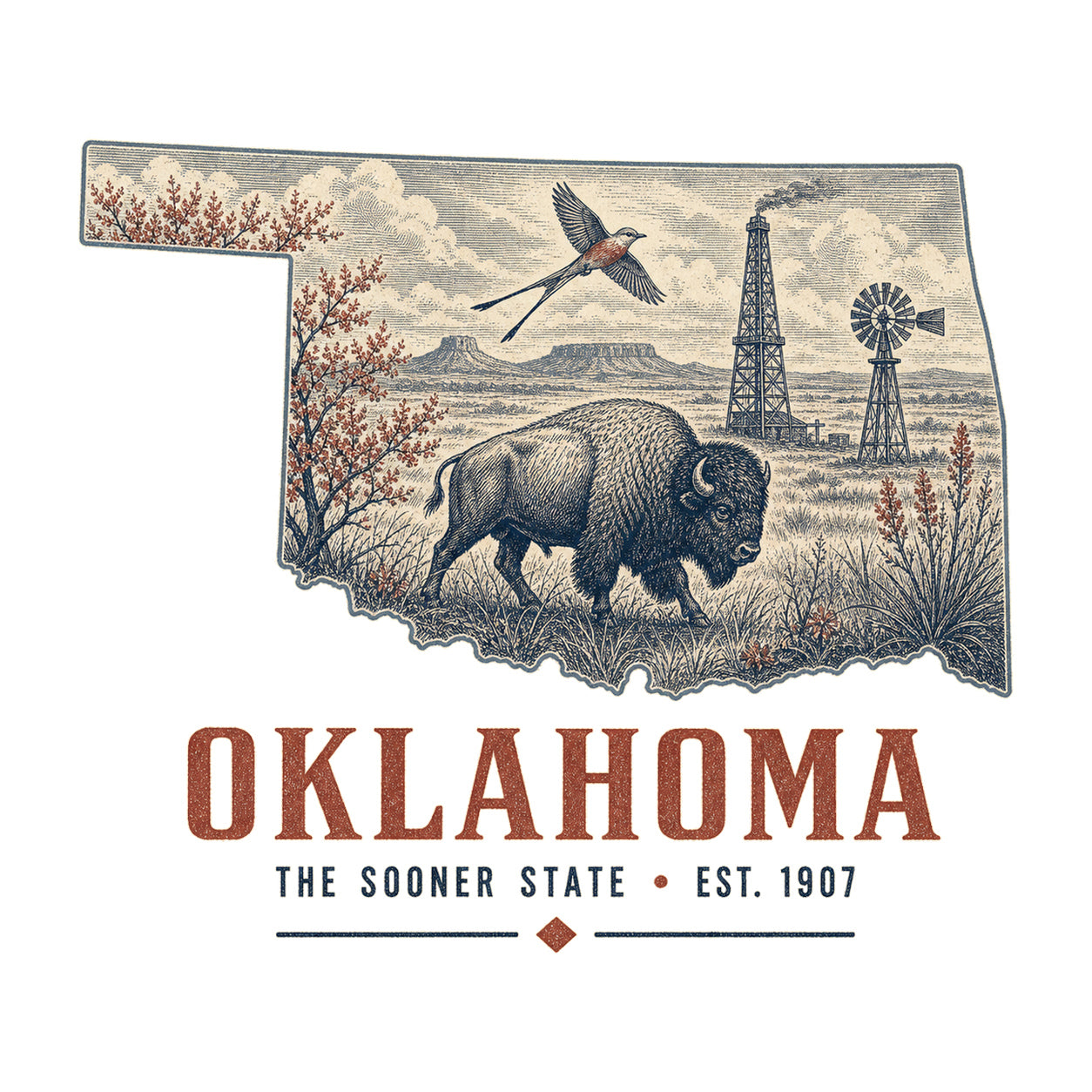 Oklahoma vintage state artwork on a white background