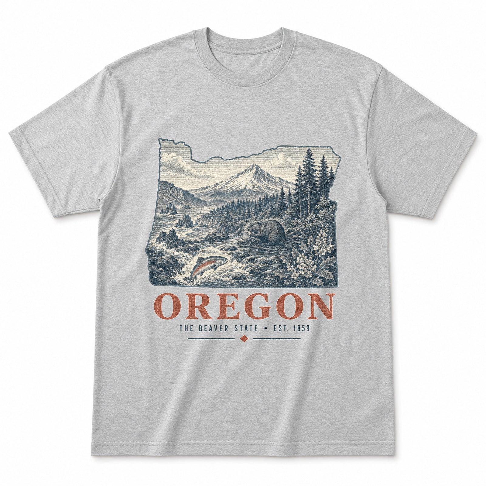 Vintage Oregon State Graphic T-Shirt in Heather Gray, front view on a white background