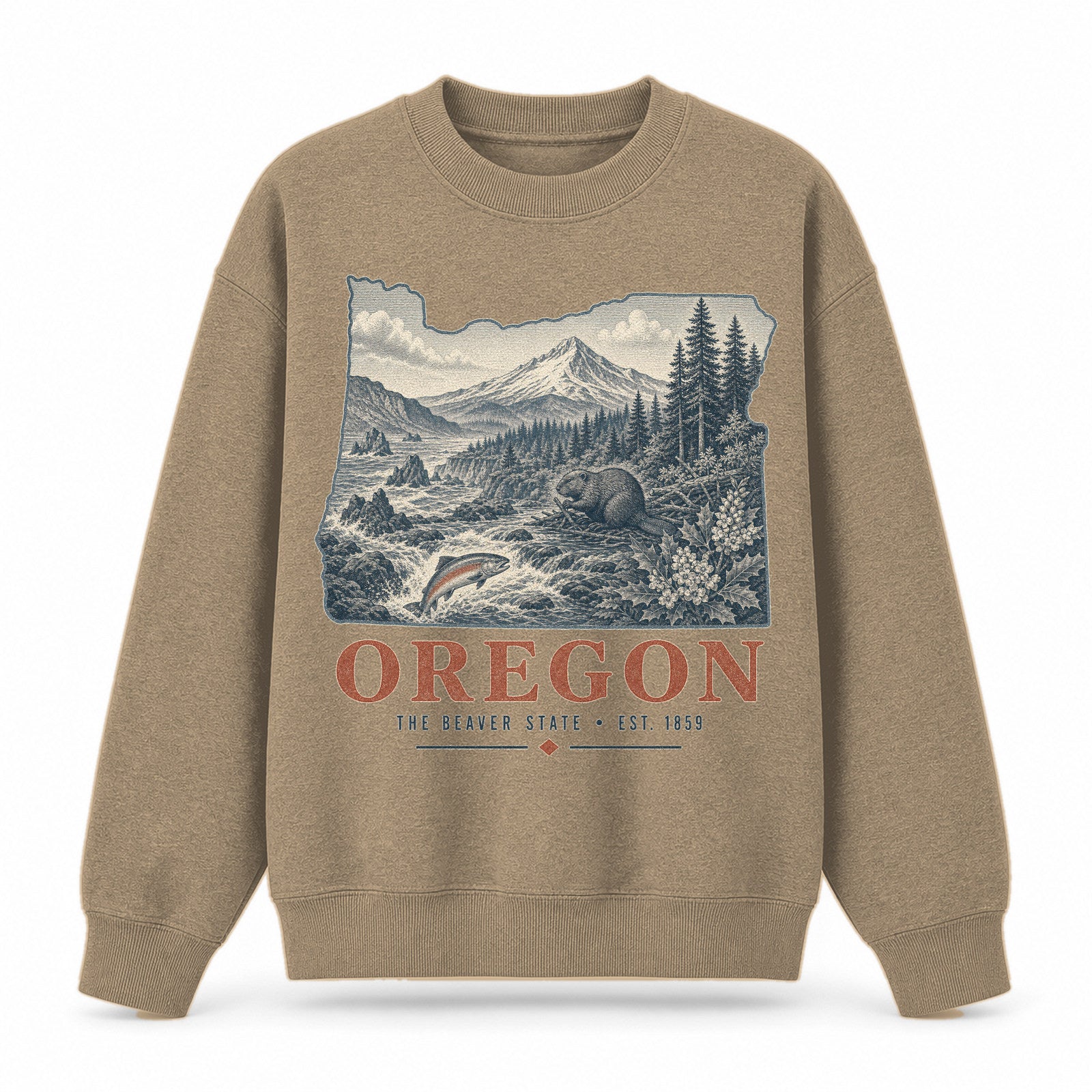 Vintage Oregon State Graphic Crewneck Sweatshirt in Khaki, front view on a white background